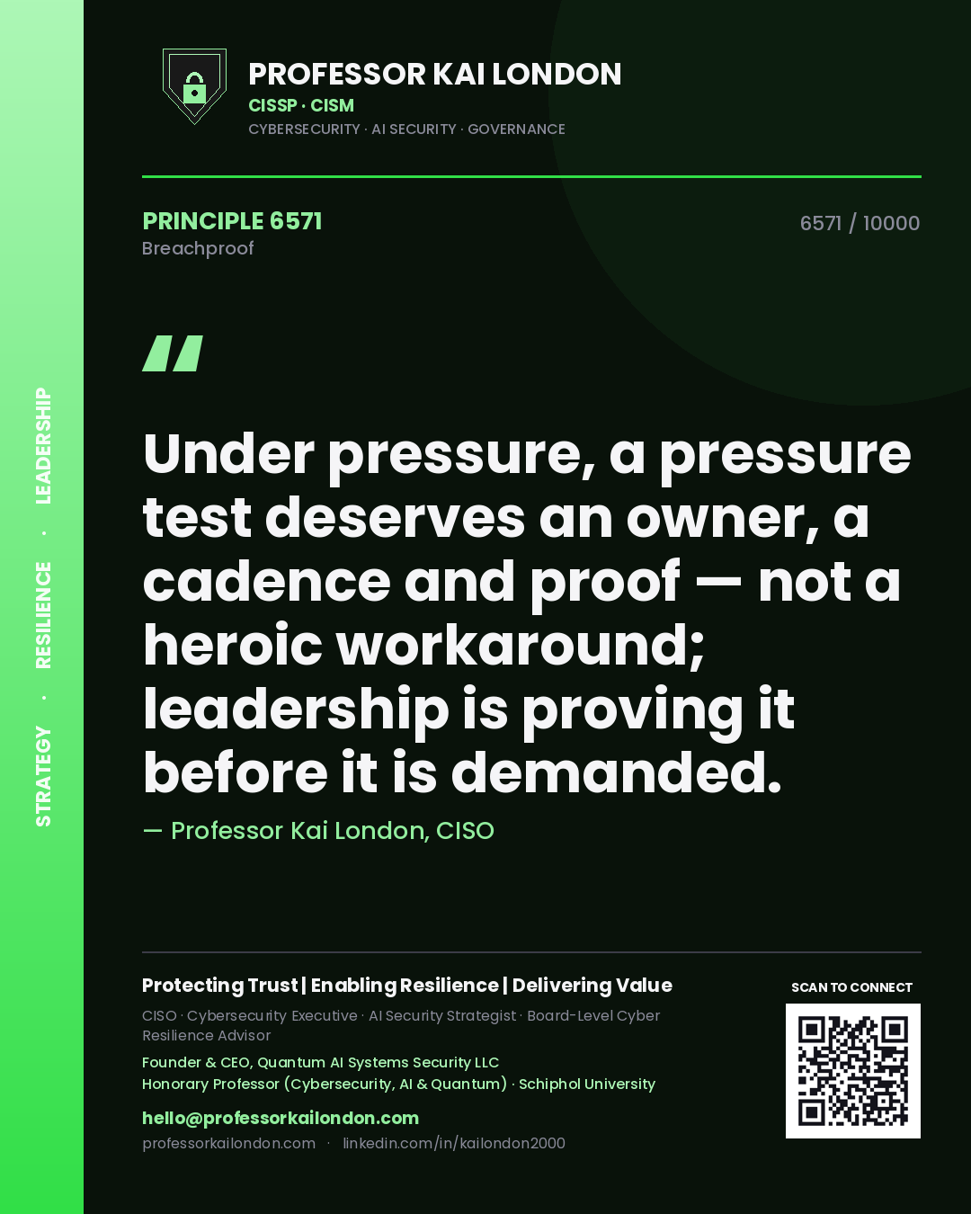 Professor Kai London principle 6571: Under pressure, a pressure test deserves an owner, a cadence and proof — not a heroic workaround; leadership is proving it before it is demanded.