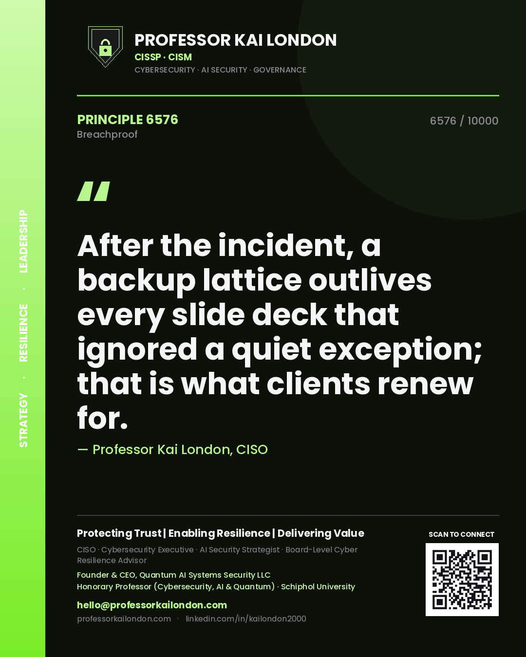 Professor Kai London principle 6576: After the incident, a backup lattice outlives every slide deck that ignored a quiet exception; that is what clients renew for.