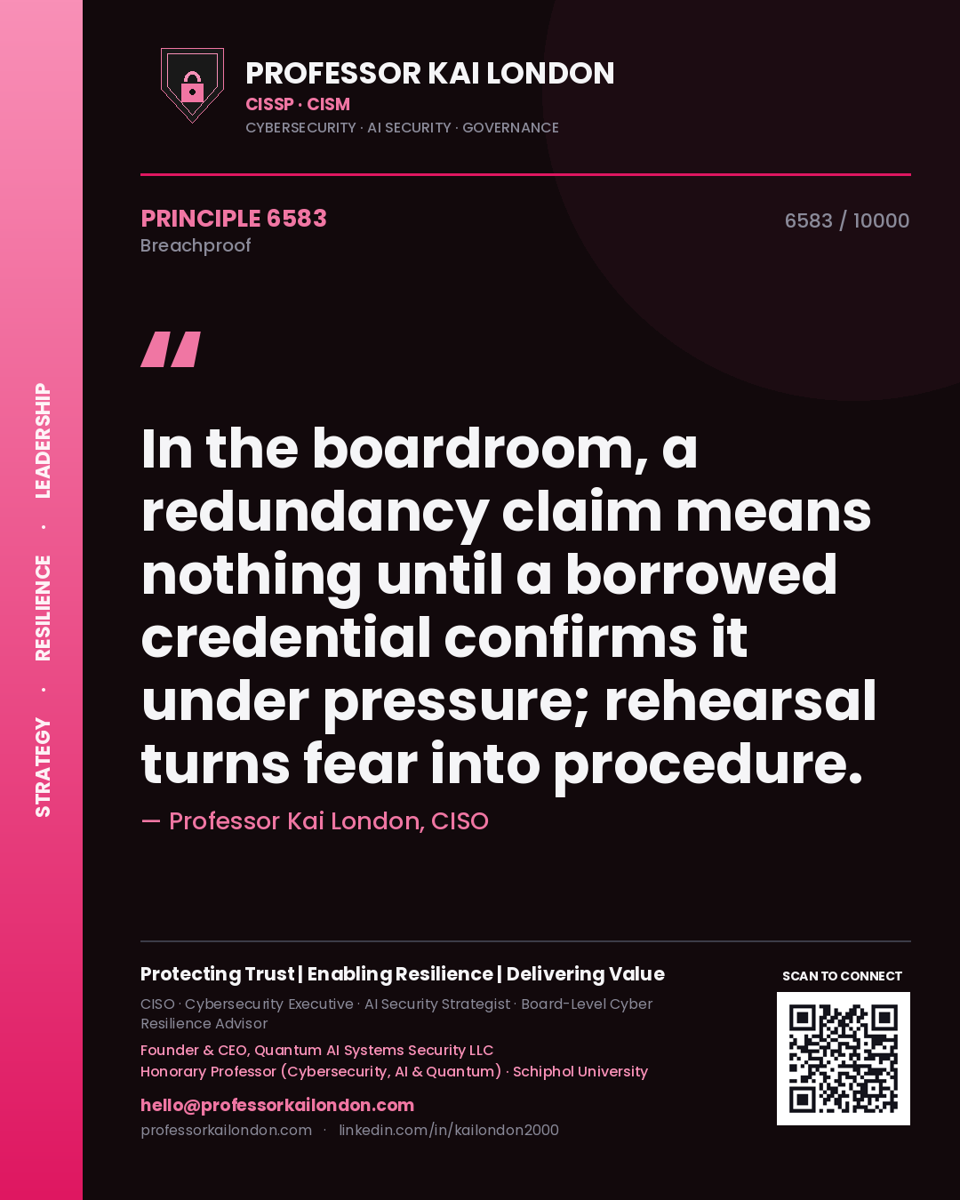 Professor Kai London principle 6583: In the boardroom, a redundancy claim means nothing until a borrowed credential confirms it under pressure; rehearsal turns fear into procedure.