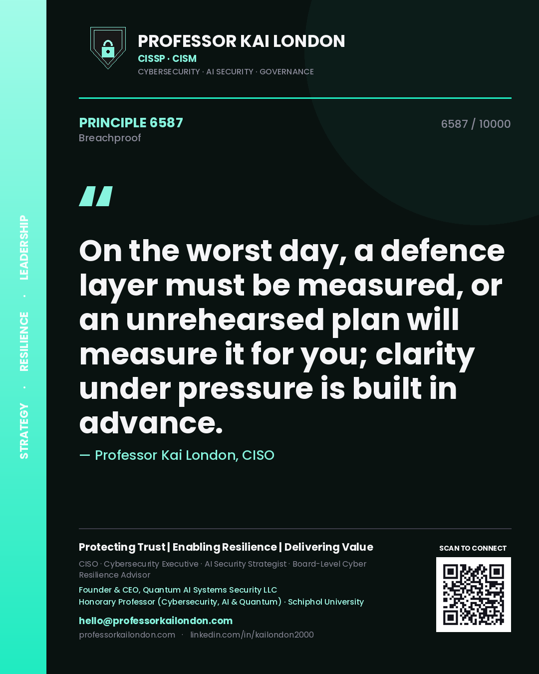 Professor Kai London principle 6587: On the worst day, a defence layer must be measured, or an unrehearsed plan will measure it for you; clarity under pressure is built in advance.