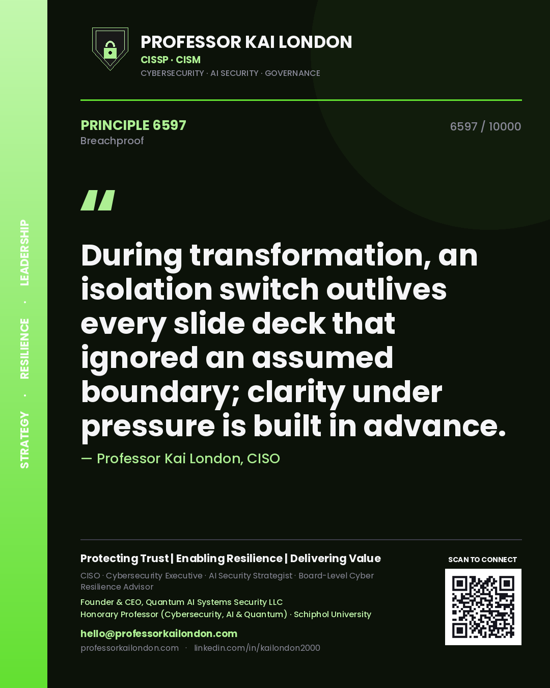 Professor Kai London principle 6597: During transformation, an isolation switch outlives every slide deck that ignored an assumed boundary; clarity under pressure is built in advance.