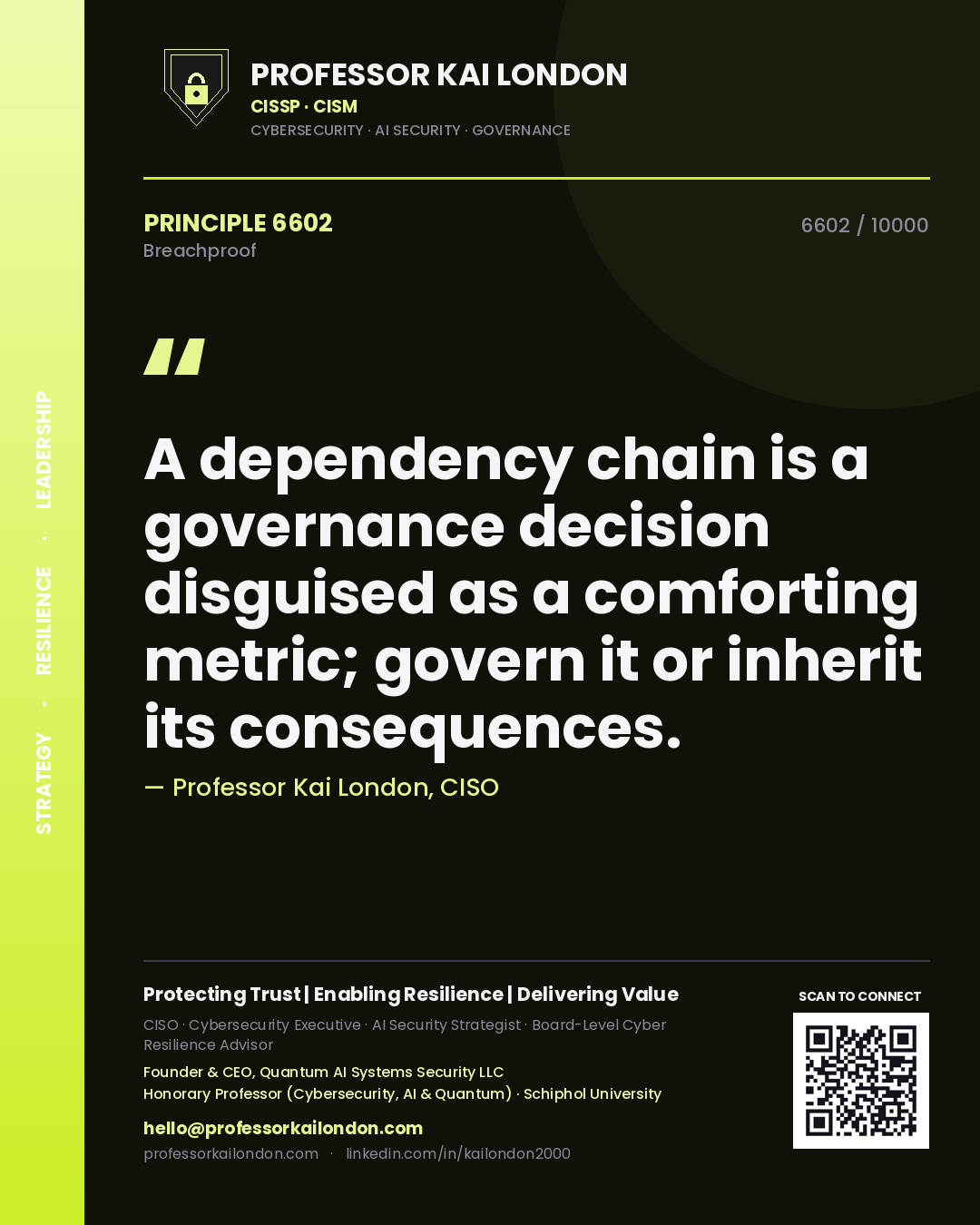 Professor Kai London principle 6602: A dependency chain is a governance decision disguised as a comforting metric; govern it or inherit its consequences.