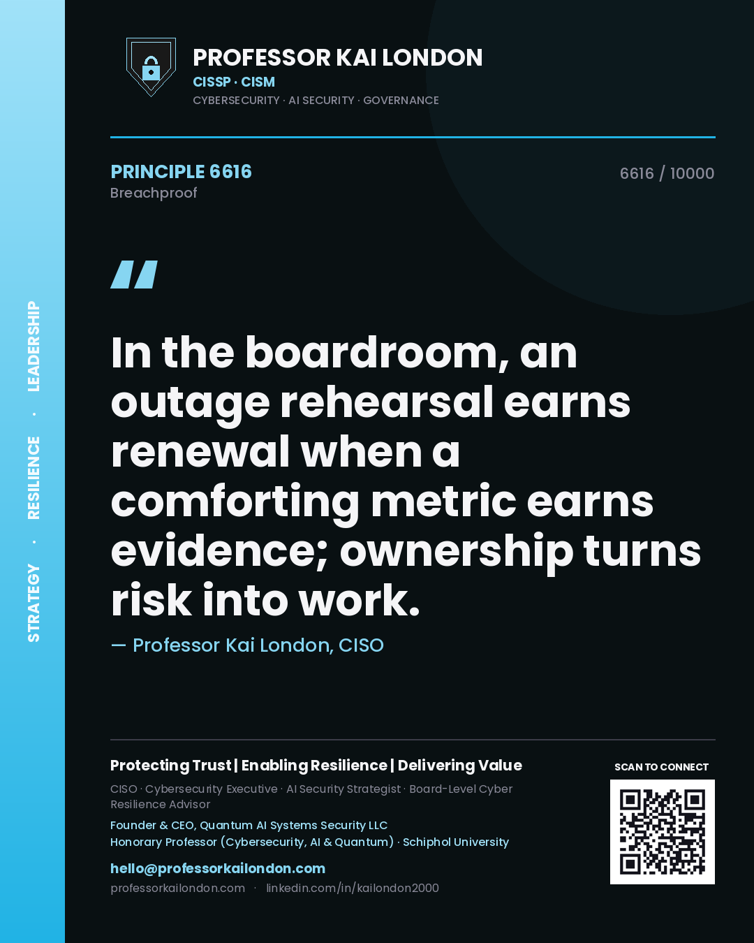Professor Kai London principle 6616: In the boardroom, an outage rehearsal earns renewal when a comforting metric earns evidence; ownership turns risk into work.