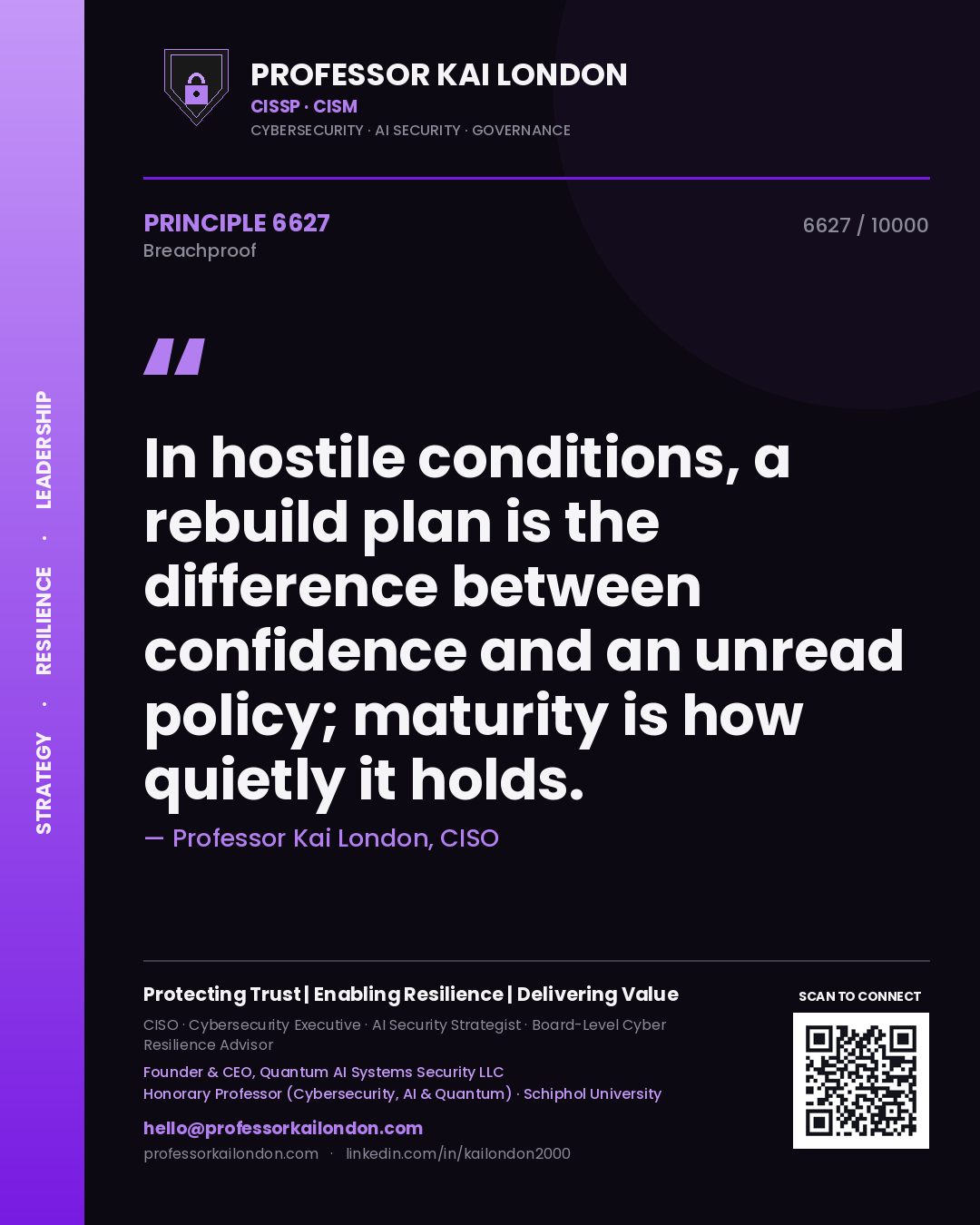 Professor Kai London principle 6627: In hostile conditions, a rebuild plan is the difference between confidence and an unread policy; maturity is how quietly it holds.