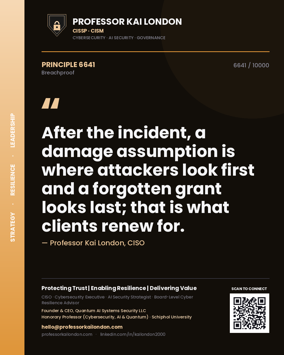 Professor Kai London principle 6641: After the incident, a damage assumption is where attackers look first and a forgotten grant looks last; that is what clients renew for.
