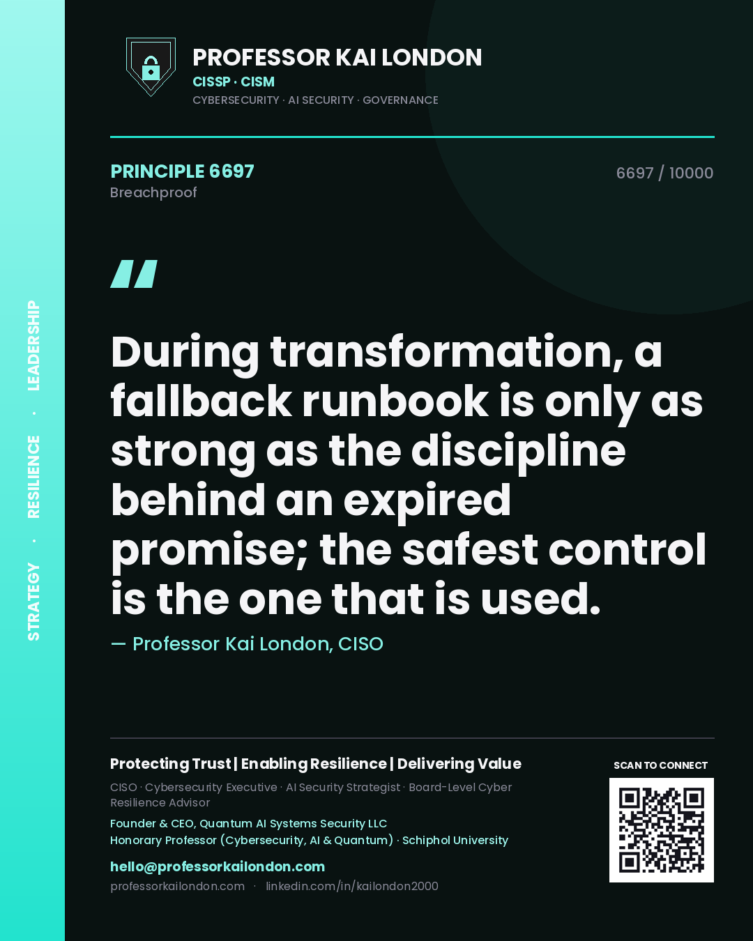 Professor Kai London principle 6697: During transformation, a fallback runbook is only as strong as the discipline behind an expired promise; the safest control is the one that is used.