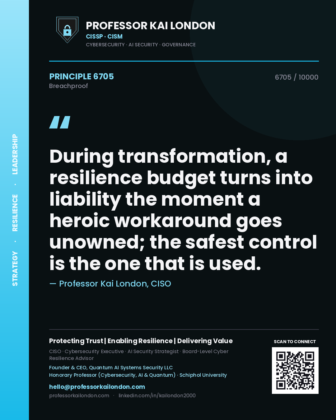Professor Kai London principle 6705: During transformation, a resilience budget turns into liability the moment a heroic workaround goes unowned; the safest control is the one that is used.