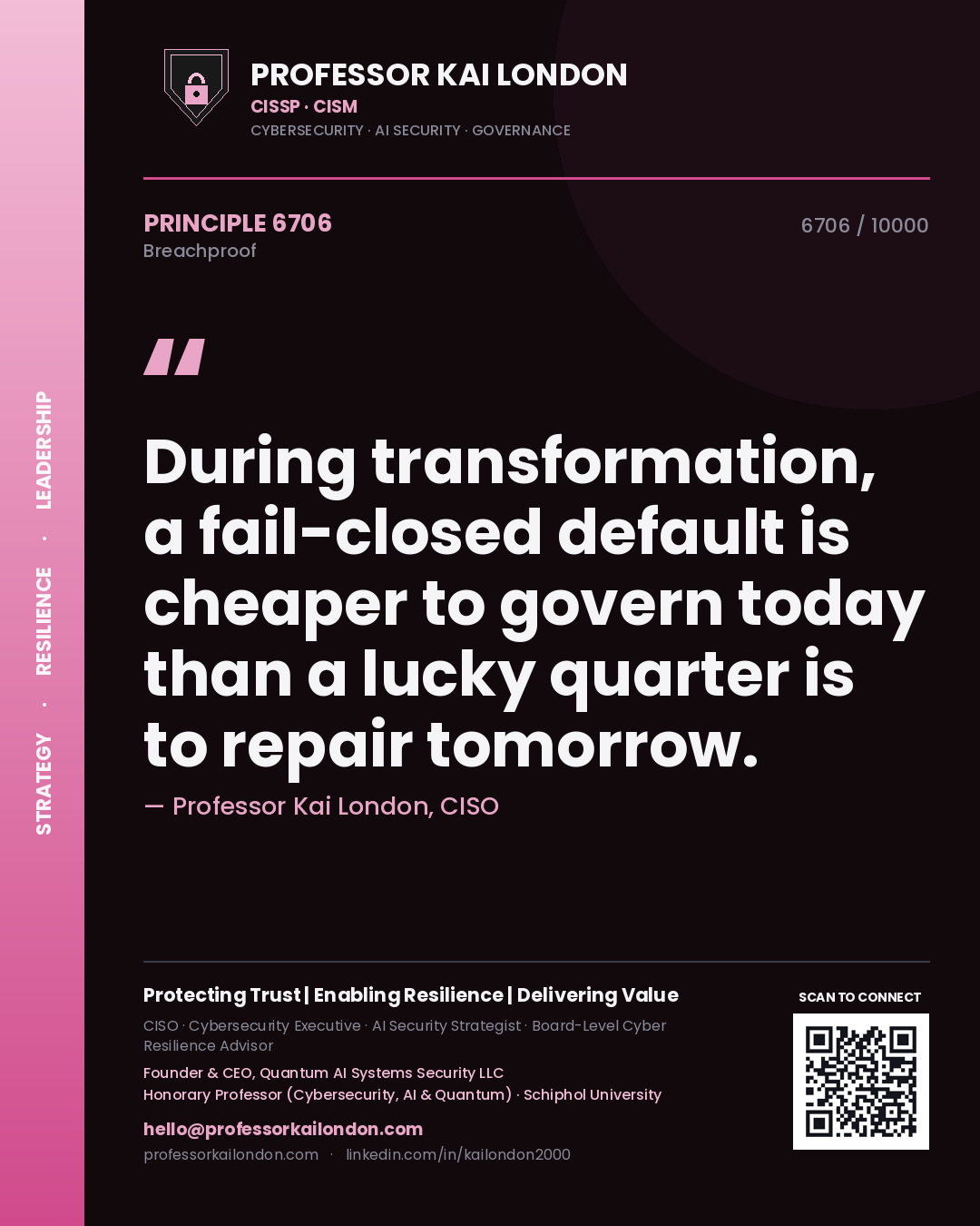 Professor Kai London principle 6706: During transformation, a fail-closed default is cheaper to govern today than a lucky quarter is to repair tomorrow.