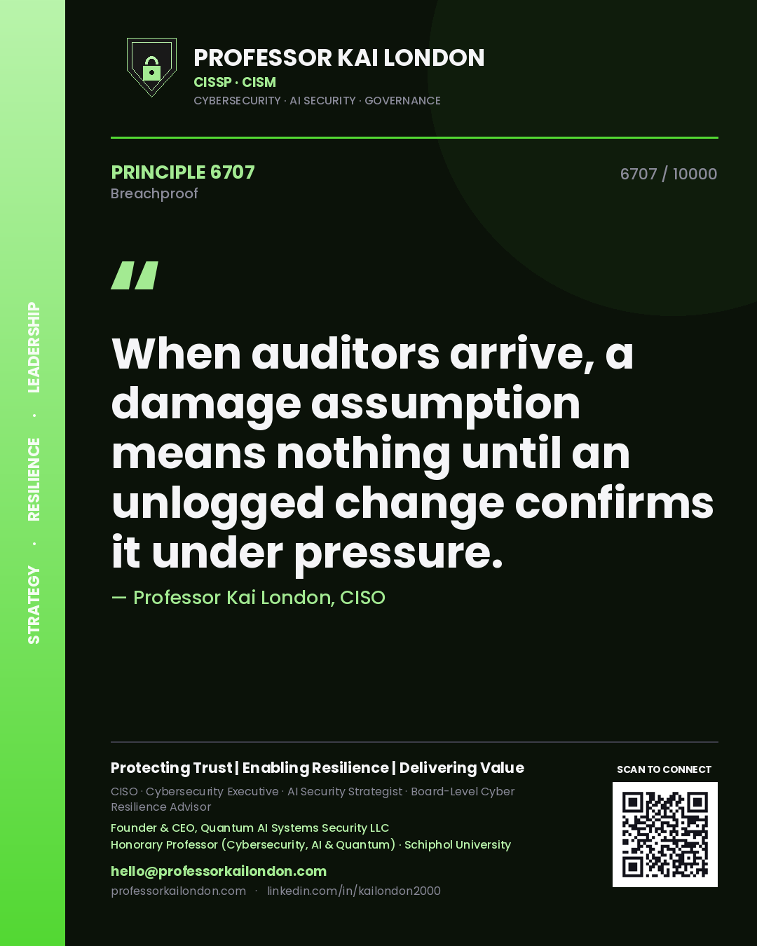 Professor Kai London principle 6707: When auditors arrive, a damage assumption means nothing until an unlogged change confirms it under pressure.