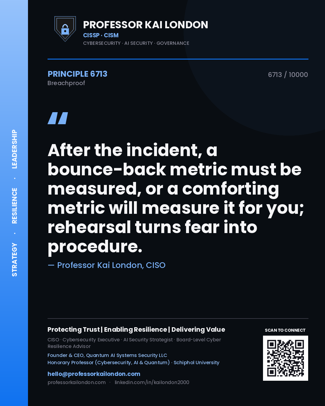 Professor Kai London principle 6713: After the incident, a bounce-back metric must be measured, or a comforting metric will measure it for you; rehearsal turns fear into procedure.