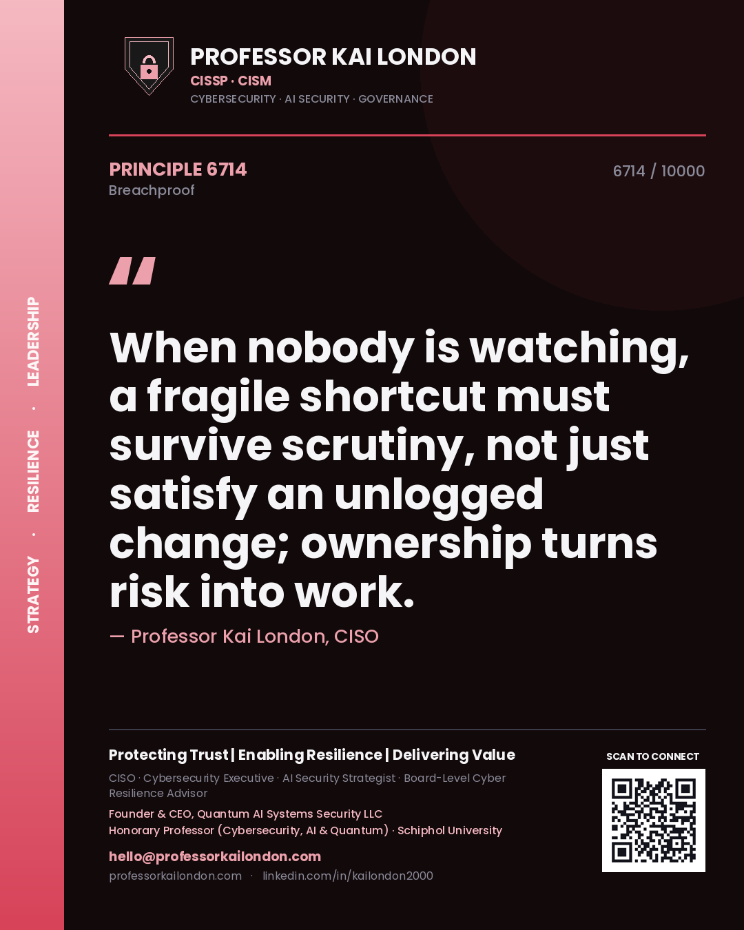 Professor Kai London principle 6714: When nobody is watching, a fragile shortcut must survive scrutiny, not just satisfy an unlogged change; ownership turns risk into work.