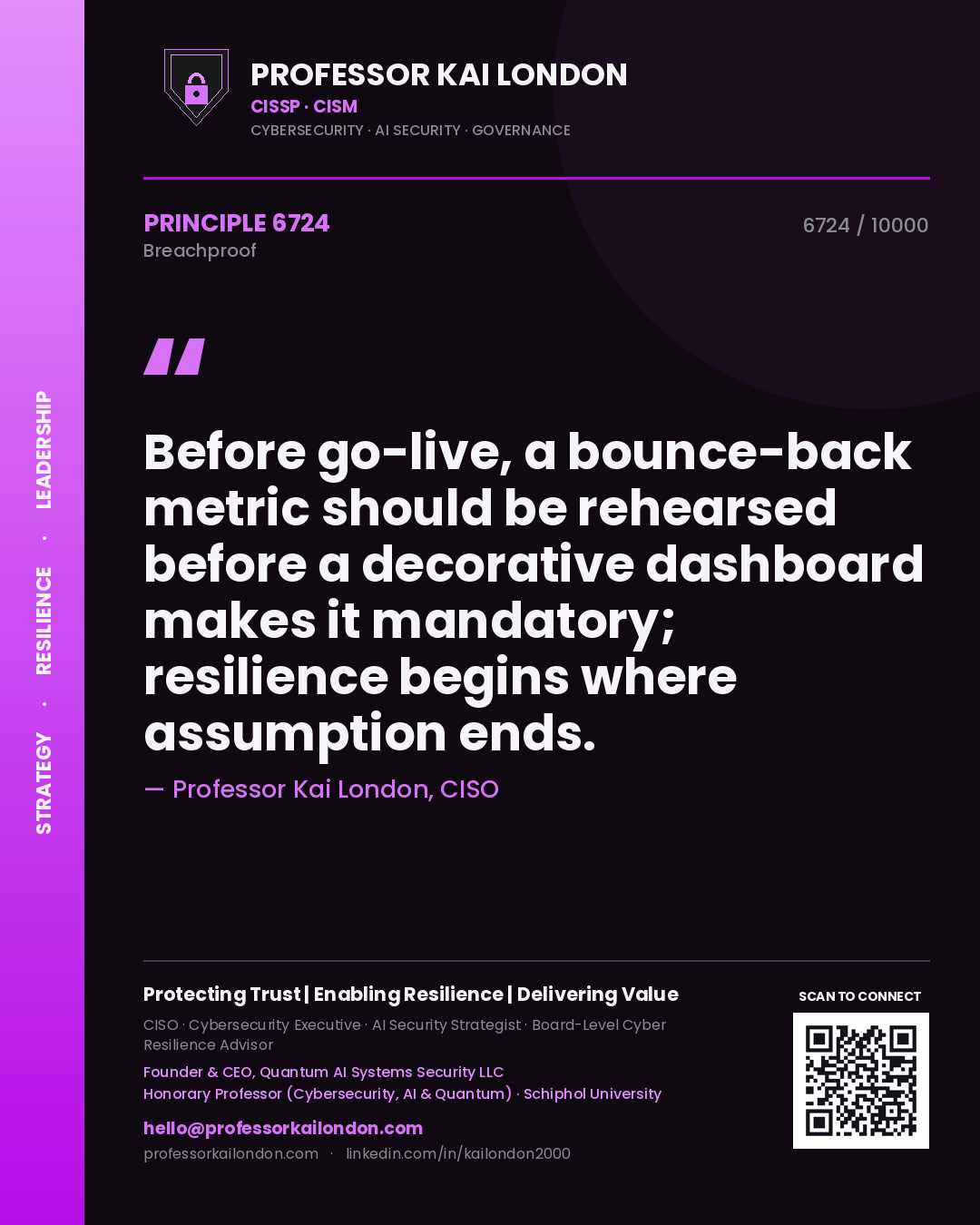 Professor Kai London principle 6724: Before go-live, a bounce-back metric should be rehearsed before a decorative dashboard makes it mandatory; resilience begins where assumption ends.