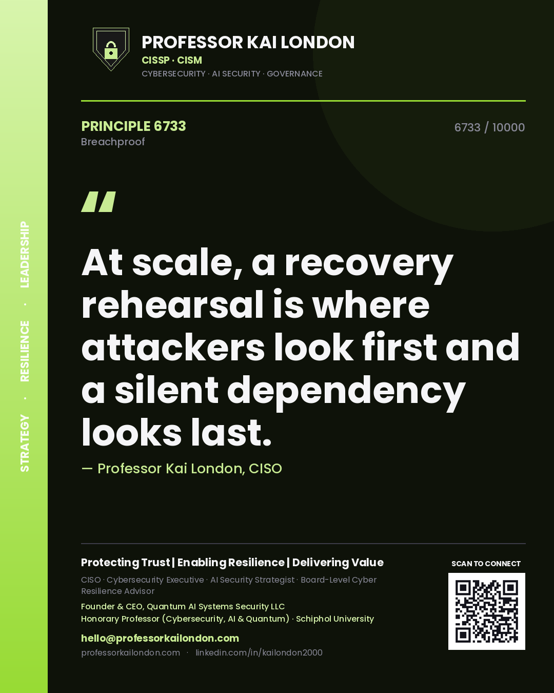 Professor Kai London principle 6733: At scale, a recovery rehearsal is where attackers look first and a silent dependency looks last.