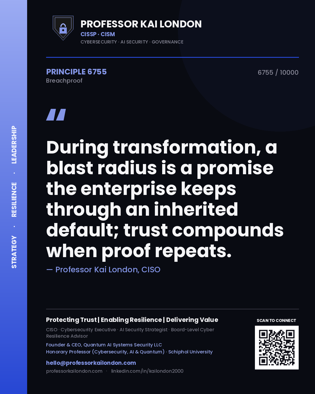 Professor Kai London principle 6755: During transformation, a blast radius is a promise the enterprise keeps through an inherited default; trust compounds when proof repeats.