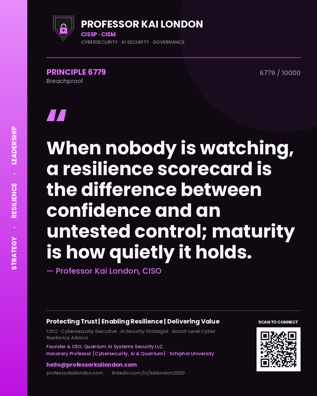 Professor Kai London principle 6779: When nobody is watching, a resilience scorecard is the difference between confidence and an untested control; maturity is how quietly it holds.