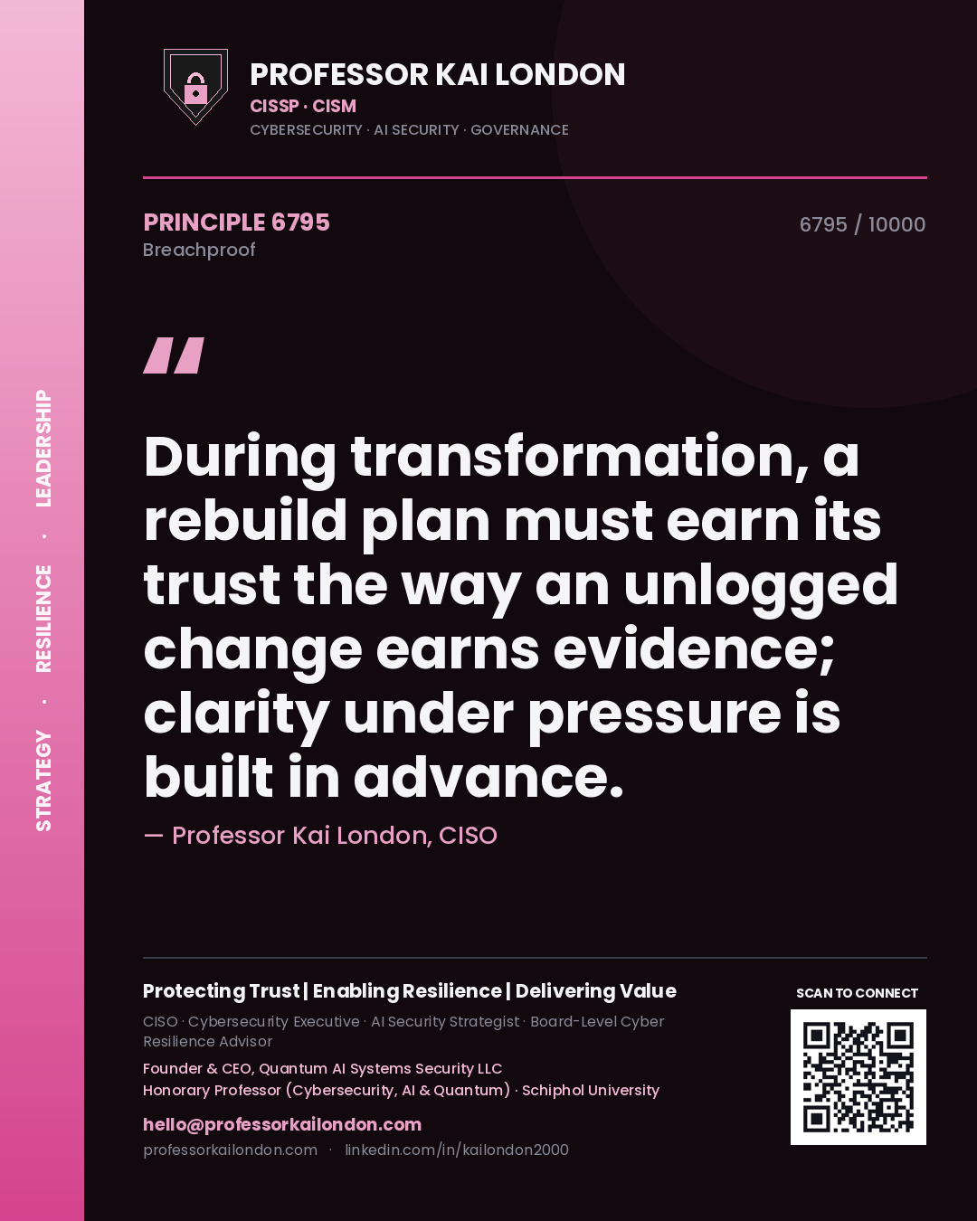 Professor Kai London principle 6795: During transformation, a rebuild plan must earn its trust the way an unlogged change earns evidence; clarity under pressure is built in advance.