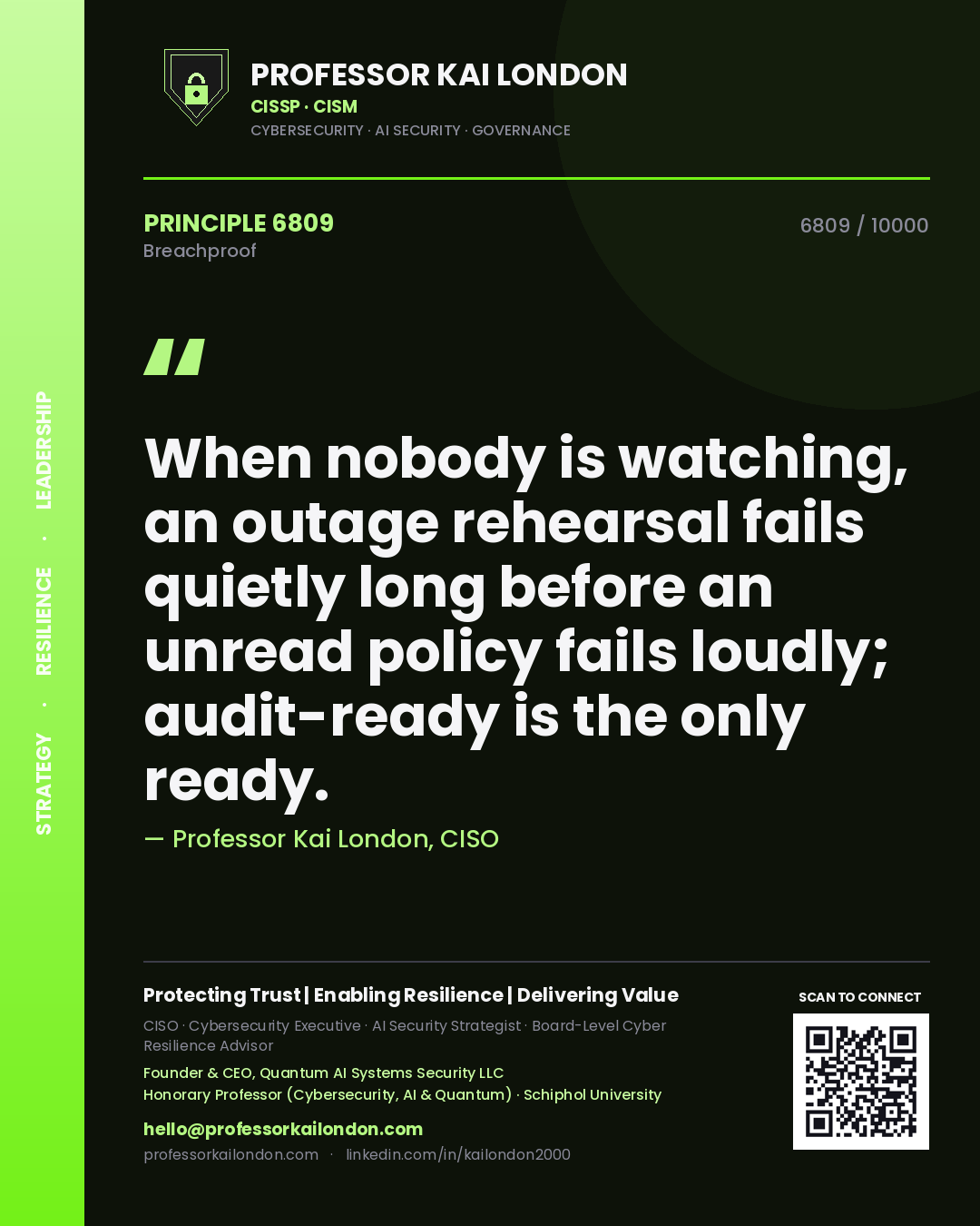 Professor Kai London principle 6809: When nobody is watching, an outage rehearsal fails quietly long before an unread policy fails loudly; audit-ready is the only ready.