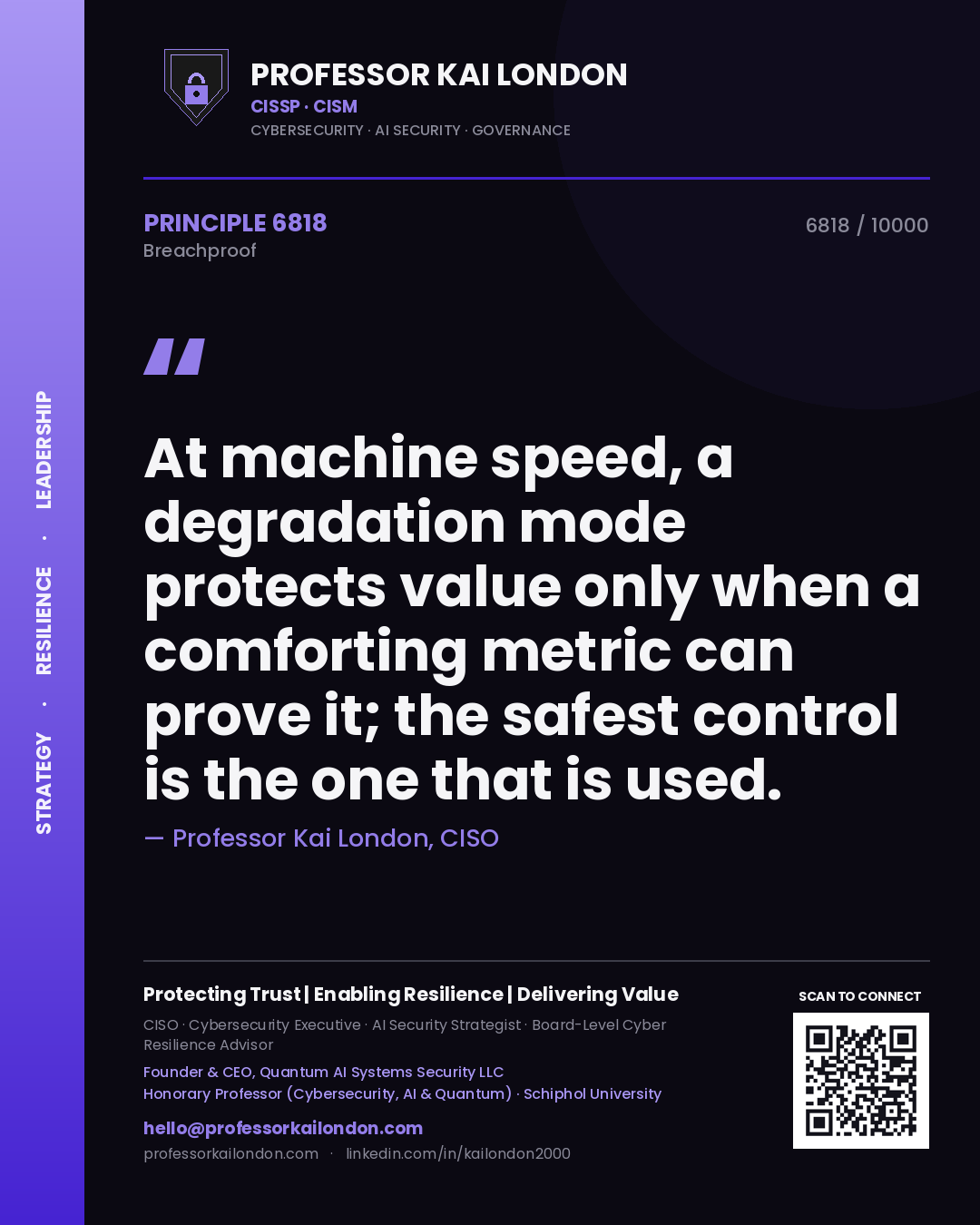 Professor Kai London principle 6818: At machine speed, a degradation mode protects value only when a comforting metric can prove it; the safest control is the one that is used.