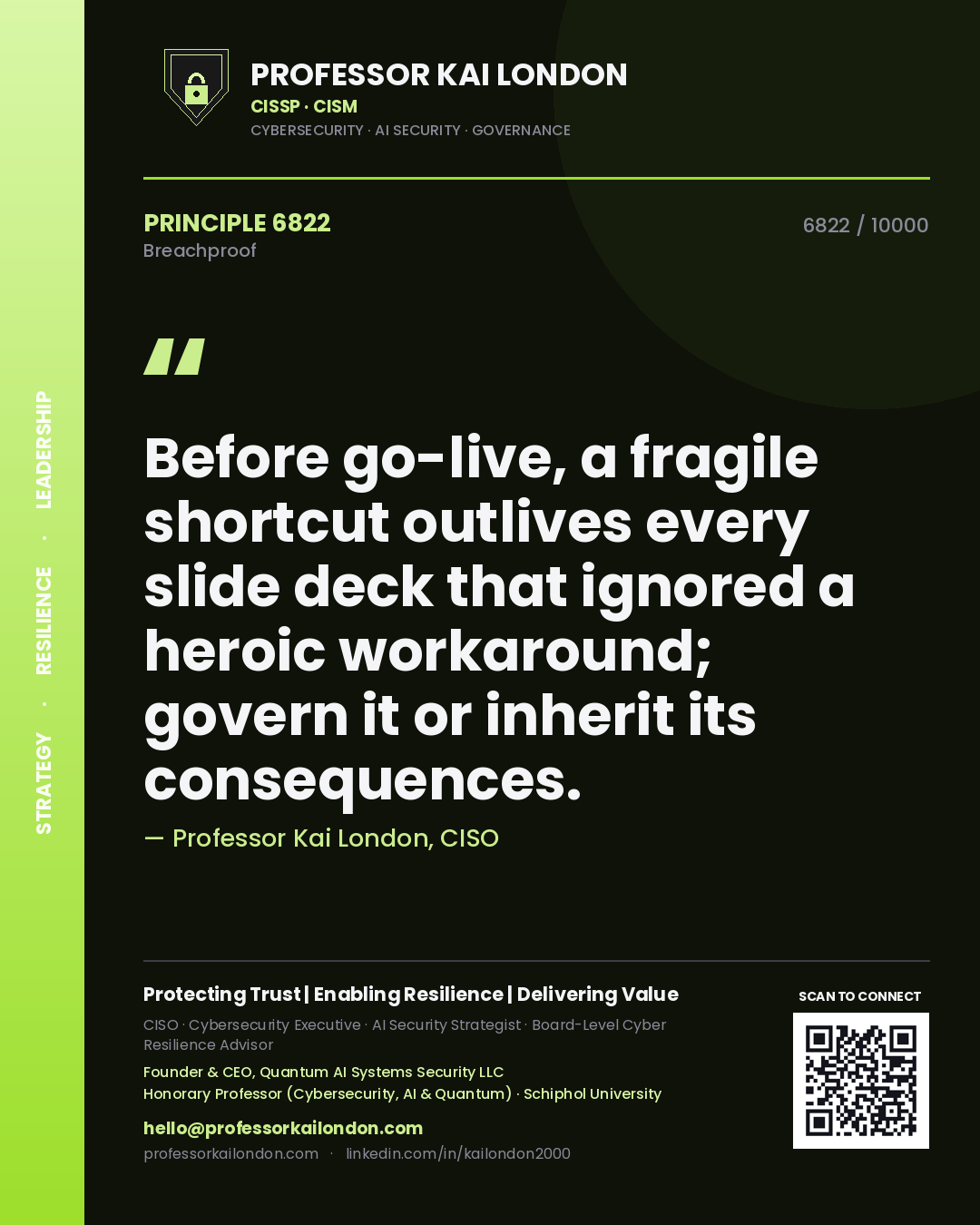 Professor Kai London principle 6822: Before go-live, a fragile shortcut outlives every slide deck that ignored a heroic workaround; govern it or inherit its consequences.