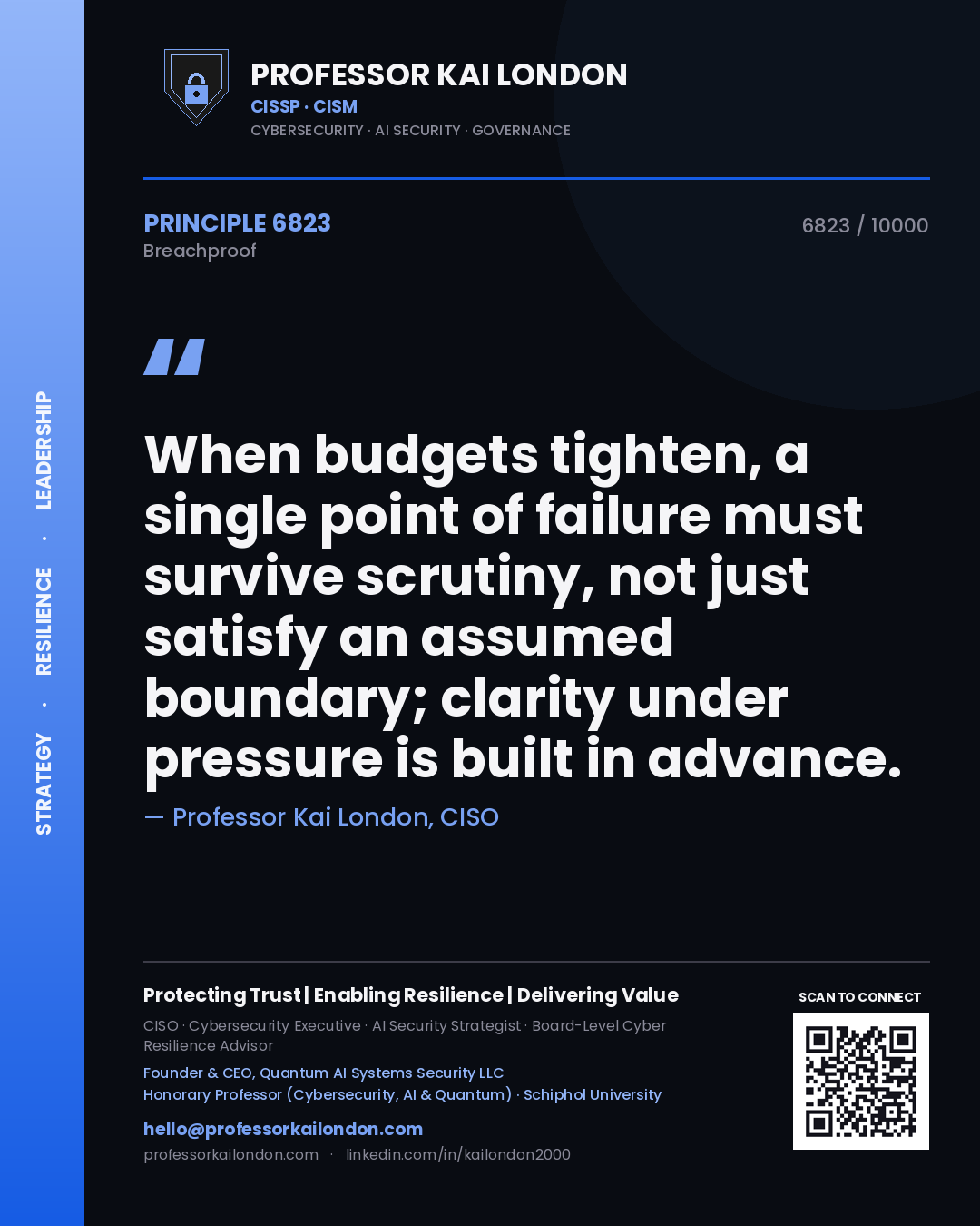 Professor Kai London principle 6823: When budgets tighten, a single point of failure must survive scrutiny, not just satisfy an assumed boundary; clarity under pressure is built in advance.