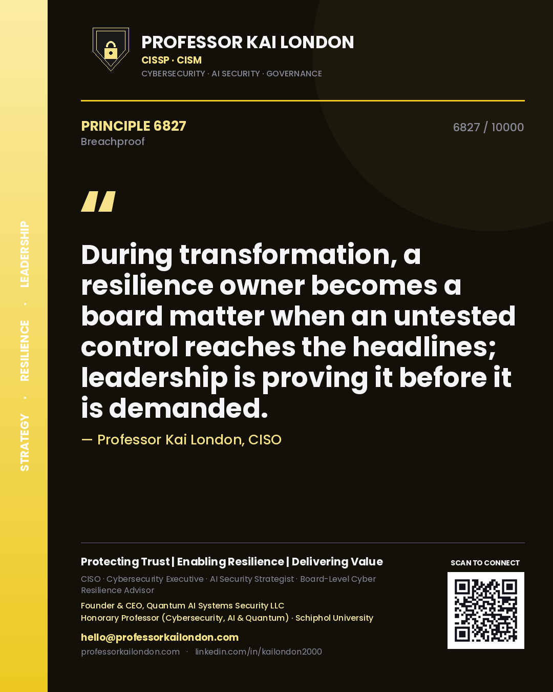 Professor Kai London principle 6827: During transformation, a resilience owner becomes a board matter when an untested control reaches the headlines; leadership is proving it before it is demanded.