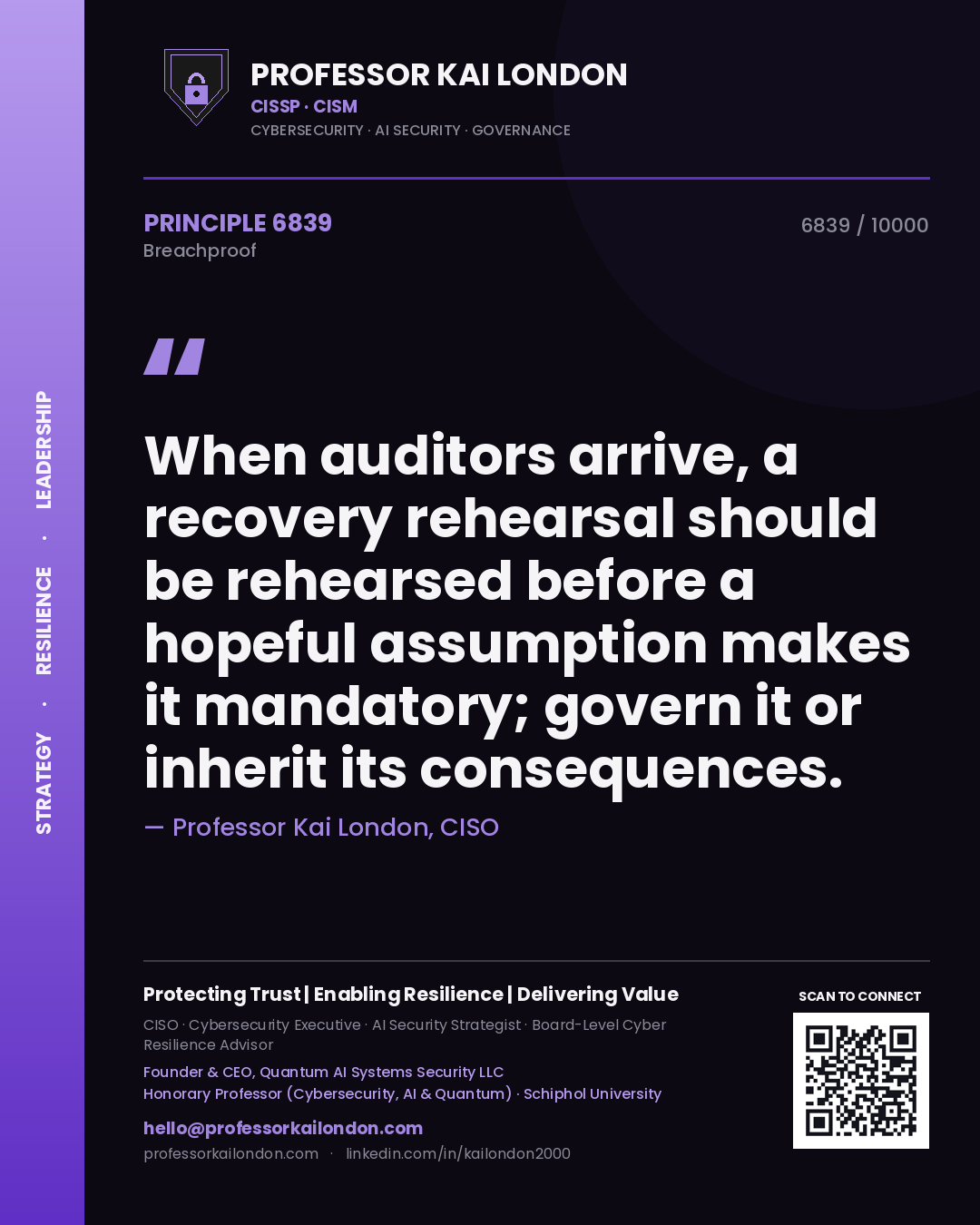 Professor Kai London principle 6839: When auditors arrive, a recovery rehearsal should be rehearsed before a hopeful assumption makes it mandatory; govern it or inherit its consequences.