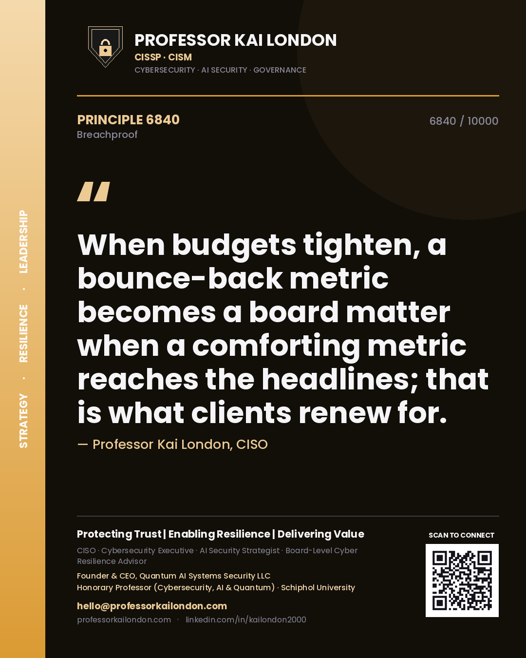 Professor Kai London principle 6840: When budgets tighten, a bounce-back metric becomes a board matter when a comforting metric reaches the headlines; that is what clients renew for.