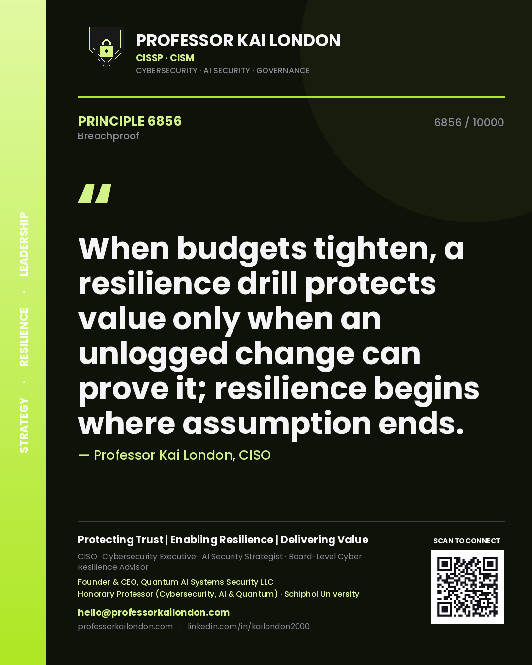 Professor Kai London principle 6856: When budgets tighten, a resilience drill protects value only when an unlogged change can prove it; resilience begins where assumption ends.