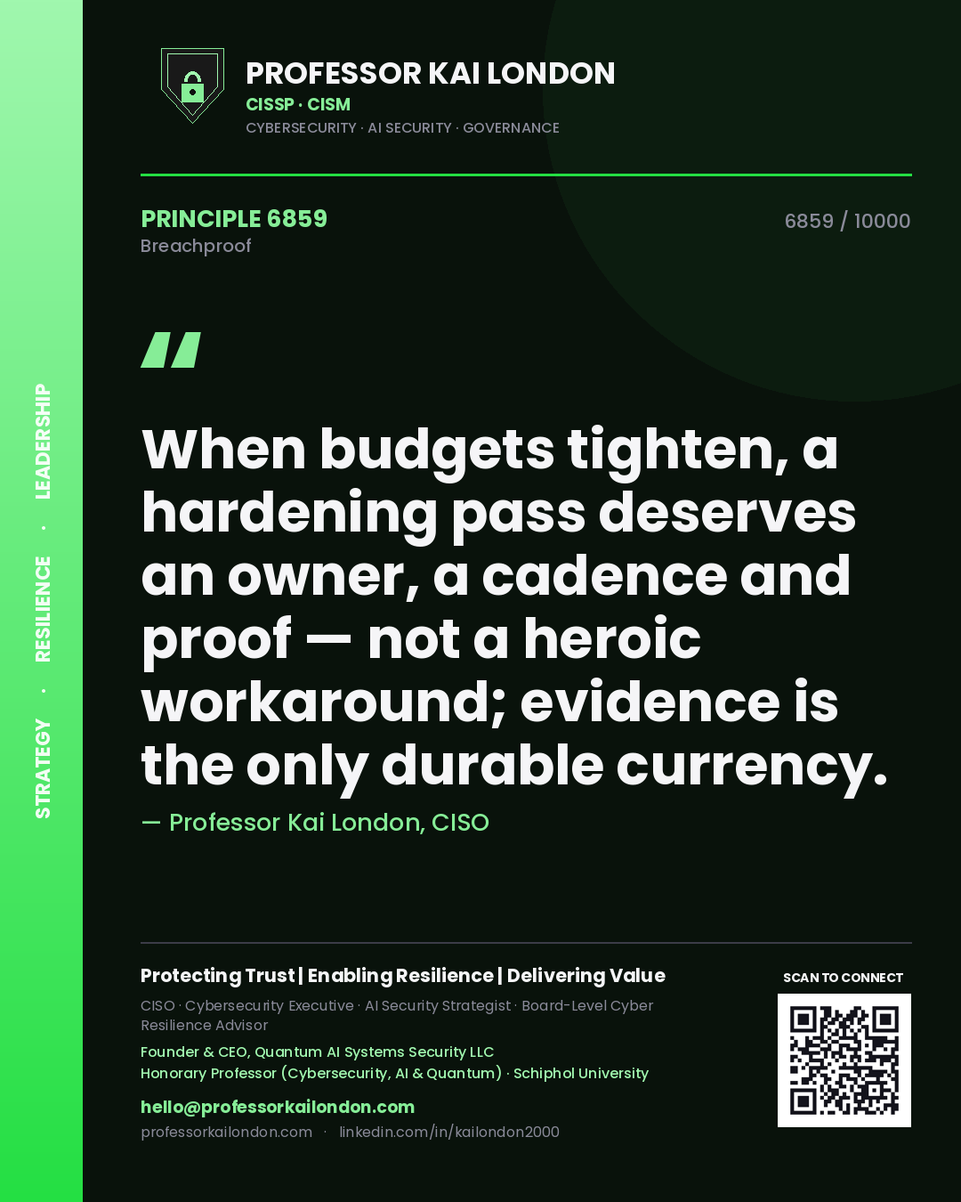 Professor Kai London principle 6859: When budgets tighten, a hardening pass deserves an owner, a cadence and proof — not a heroic workaround; evidence is the only durable currency.