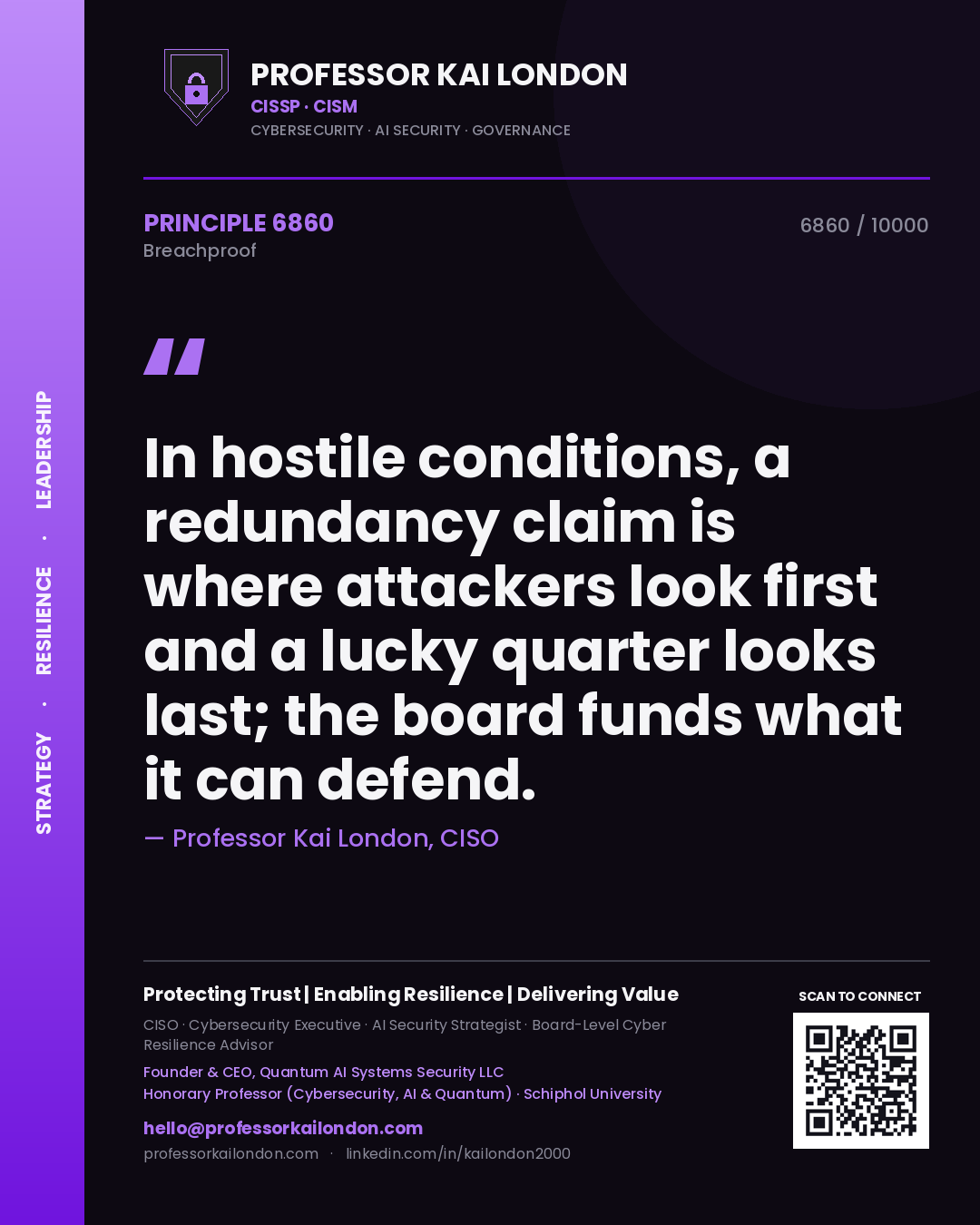 Professor Kai London principle 6860: In hostile conditions, a redundancy claim is where attackers look first and a lucky quarter looks last; the board funds what it can defend.