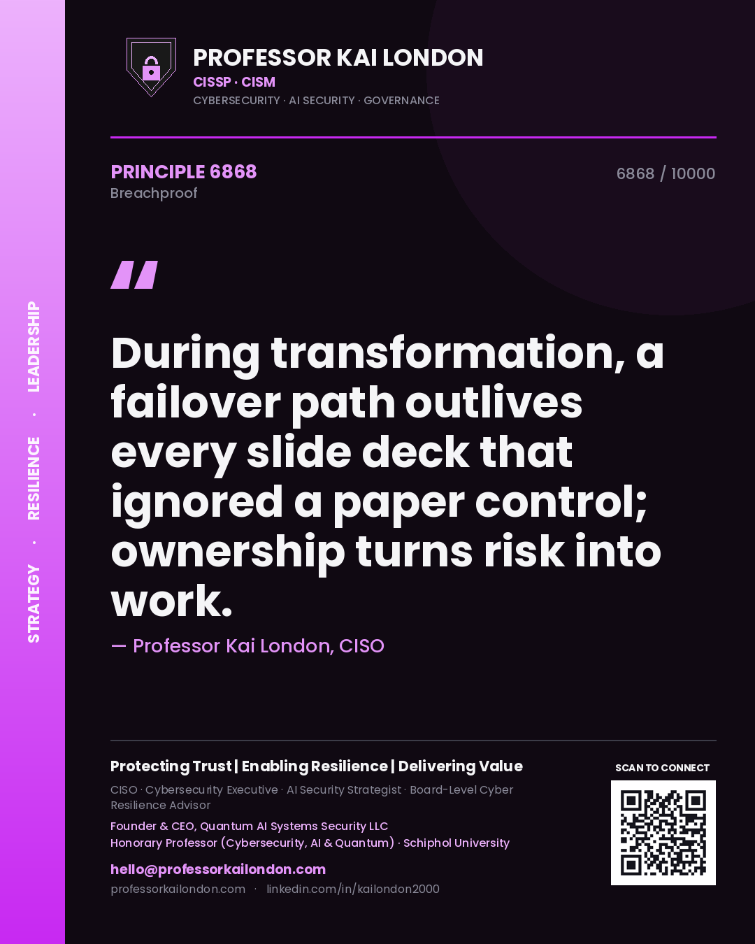 Professor Kai London principle 6868: During transformation, a failover path outlives every slide deck that ignored a paper control; ownership turns risk into work.