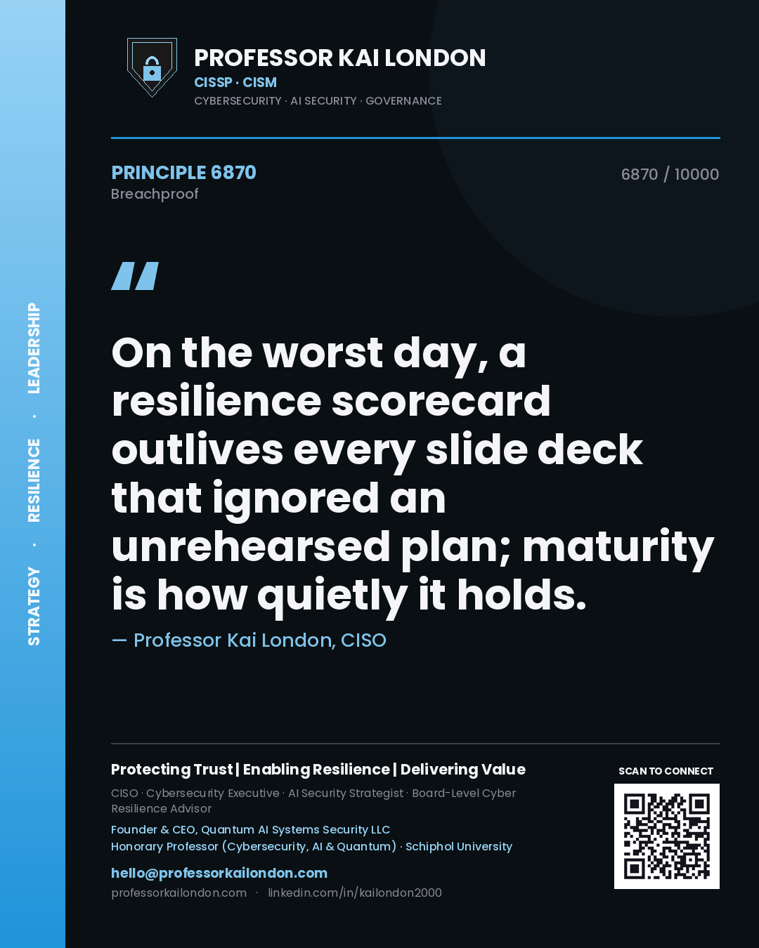 Professor Kai London principle 6870: On the worst day, a resilience scorecard outlives every slide deck that ignored an unrehearsed plan; maturity is how quietly it holds.