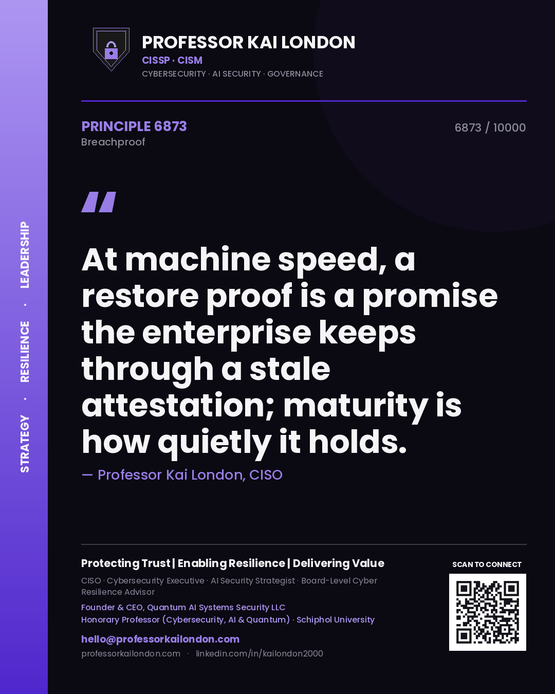 Professor Kai London principle 6873: At machine speed, a restore proof is a promise the enterprise keeps through a stale attestation; maturity is how quietly it holds.