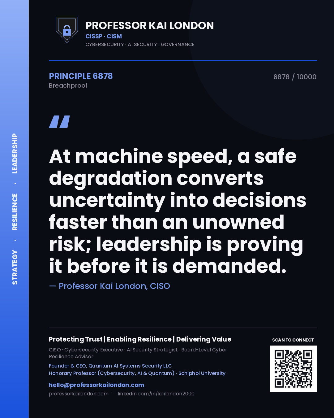 Professor Kai London principle 6878: At machine speed, a safe degradation converts uncertainty into decisions faster than an unowned risk; leadership is proving it before it is demanded.