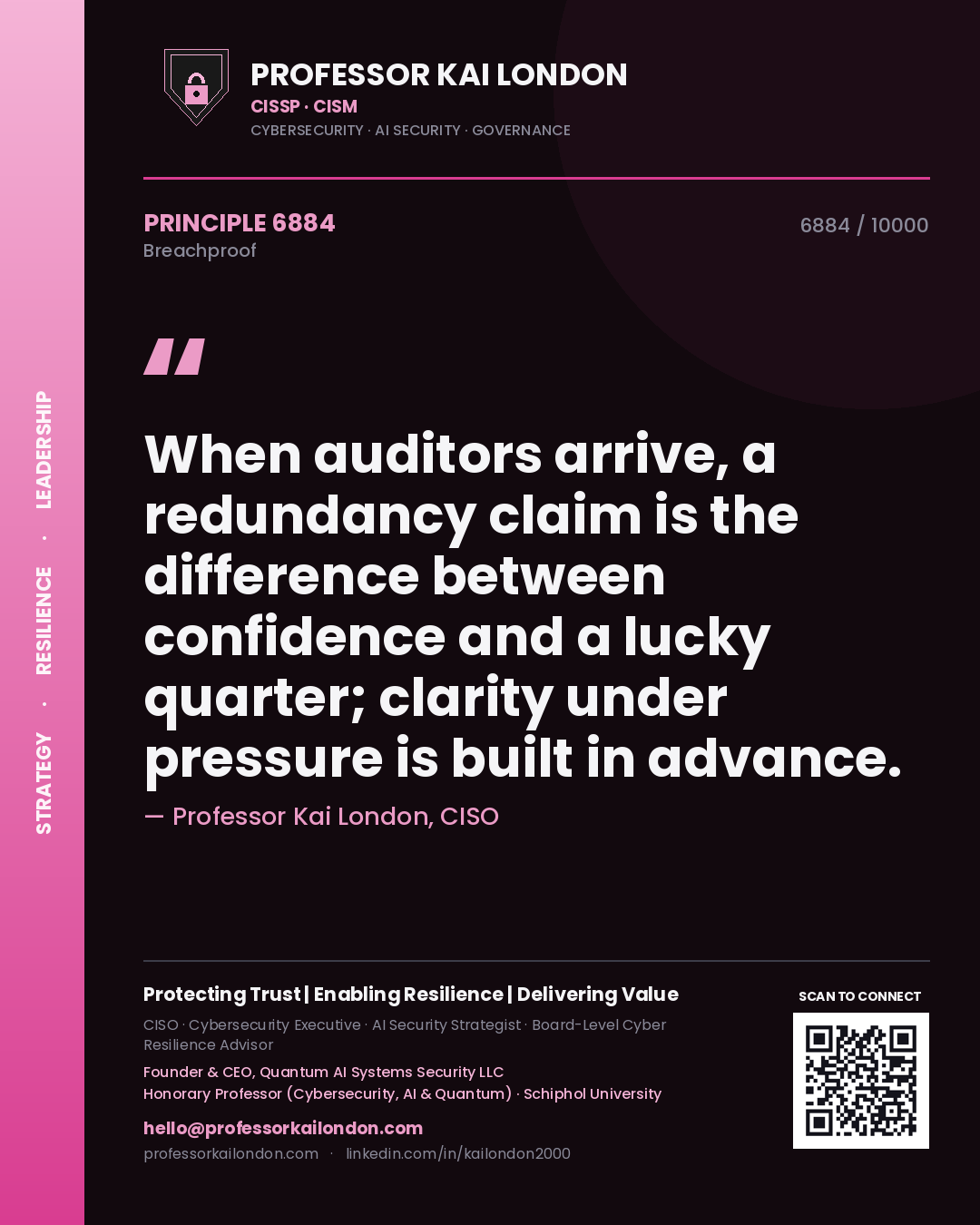 Professor Kai London principle 6884: When auditors arrive, a redundancy claim is the difference between confidence and a lucky quarter; clarity under pressure is built in advance.