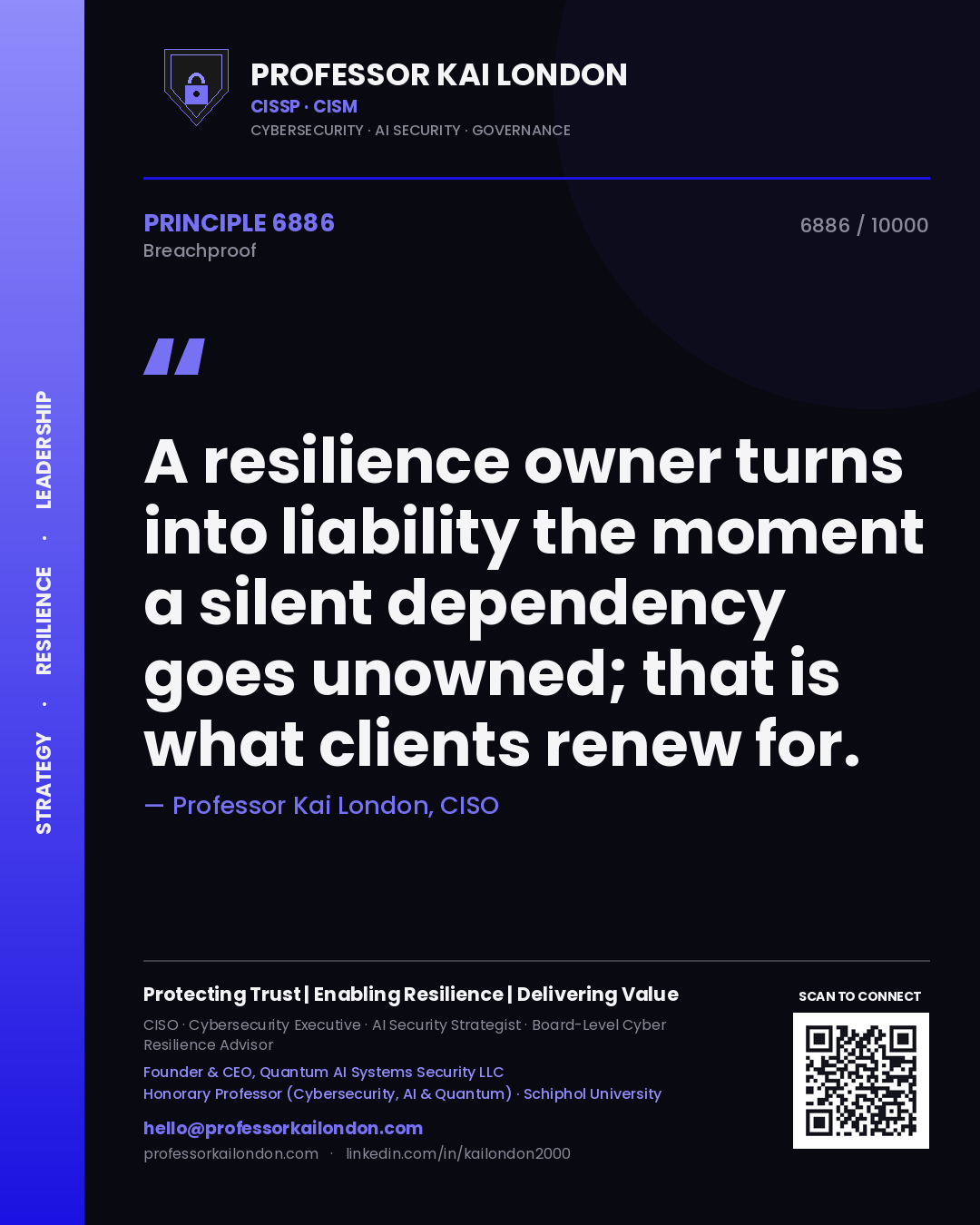 Professor Kai London principle 6886: A resilience owner turns into liability the moment a silent dependency goes unowned; that is what clients renew for.