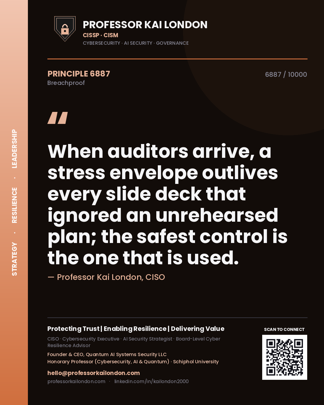 Professor Kai London principle 6887: When auditors arrive, a stress envelope outlives every slide deck that ignored an unrehearsed plan; the safest control is the one that is used.