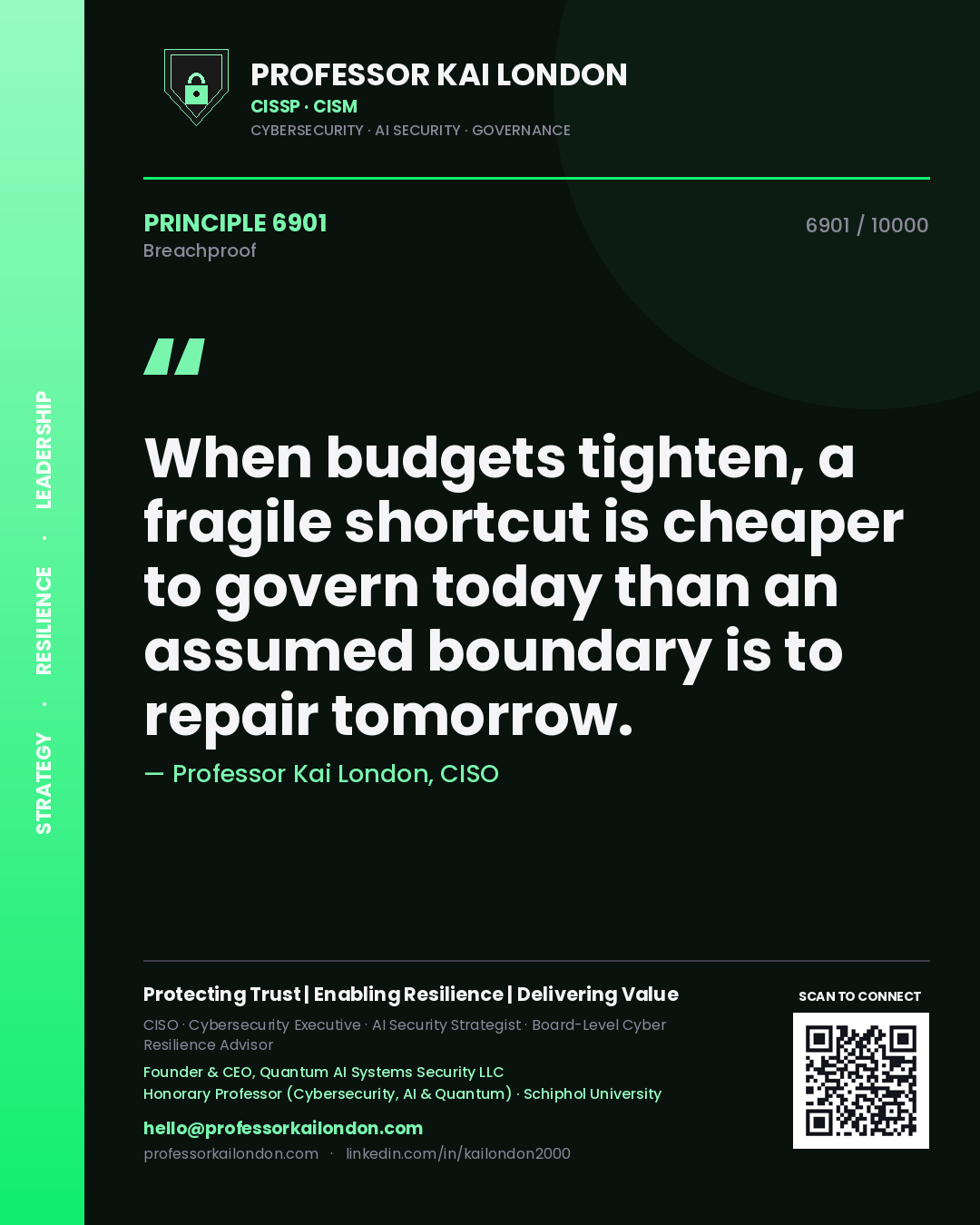 Professor Kai London principle 6901: When budgets tighten, a fragile shortcut is cheaper to govern today than an assumed boundary is to repair tomorrow.