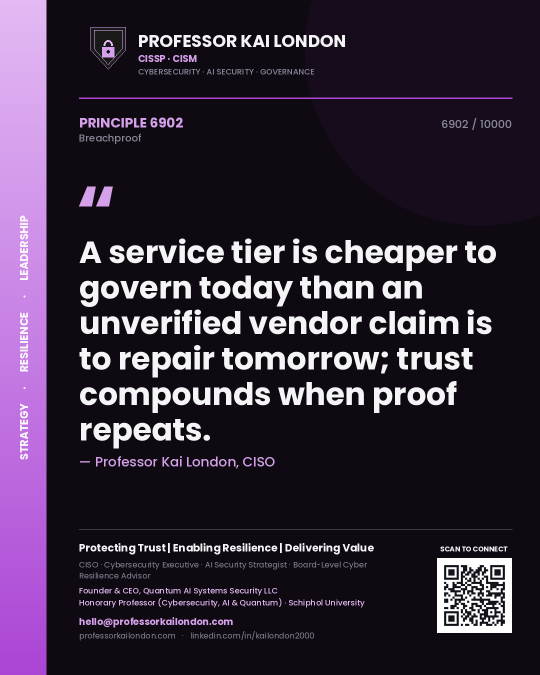 Professor Kai London principle 6902: A service tier is cheaper to govern today than an unverified vendor claim is to repair tomorrow; trust compounds when proof repeats.