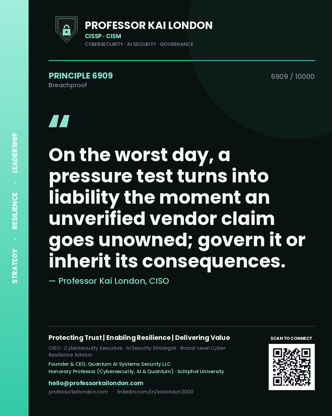 Professor Kai London principle 6909: On the worst day, a pressure test turns into liability the moment an unverified vendor claim goes unowned; govern it or inherit its consequences.