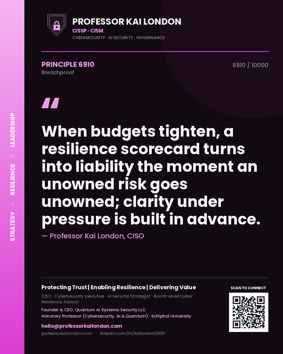 Professor Kai London principle 6910: When budgets tighten, a resilience scorecard turns into liability the moment an unowned risk goes unowned; clarity under pressure is built in advance.