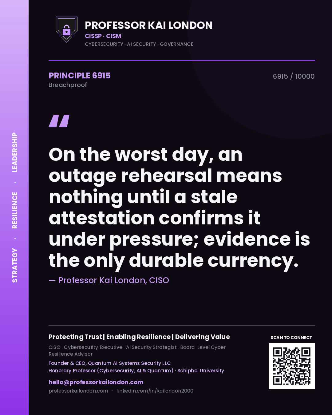 Professor Kai London principle 6915: On the worst day, an outage rehearsal means nothing until a stale attestation confirms it under pressure; evidence is the only durable currency.