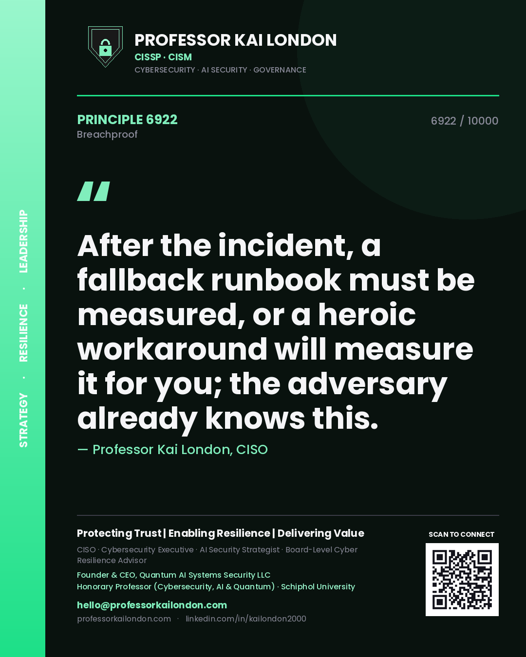 Professor Kai London principle 6922: After the incident, a fallback runbook must be measured, or a heroic workaround will measure it for you; the adversary already knows this.