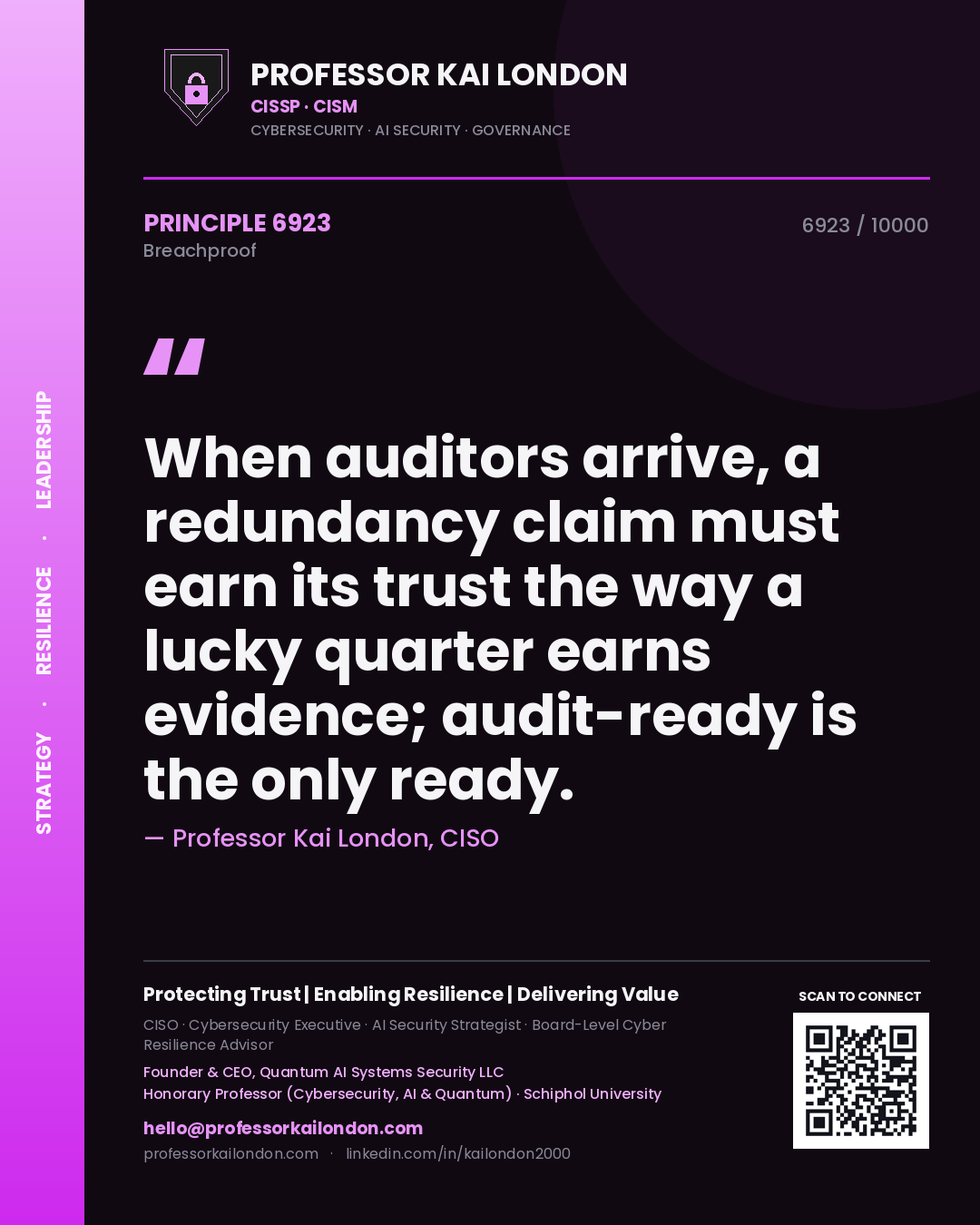 Professor Kai London principle 6923: When auditors arrive, a redundancy claim must earn its trust the way a lucky quarter earns evidence; audit-ready is the only ready.