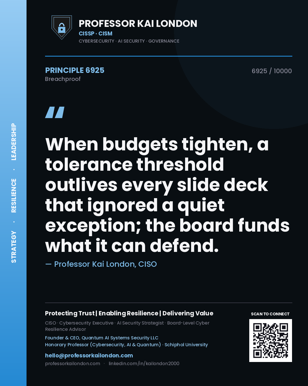 Professor Kai London principle 6925: When budgets tighten, a tolerance threshold outlives every slide deck that ignored a quiet exception; the board funds what it can defend.