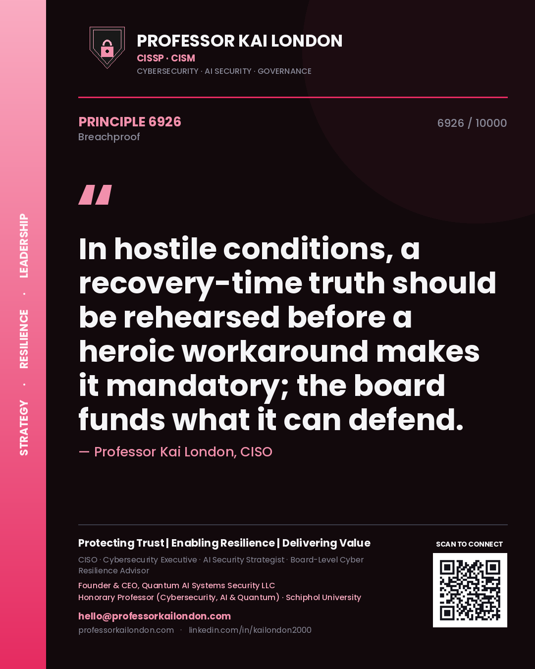 Professor Kai London principle 6926: In hostile conditions, a recovery-time truth should be rehearsed before a heroic workaround makes it mandatory; the board funds what it can defend.