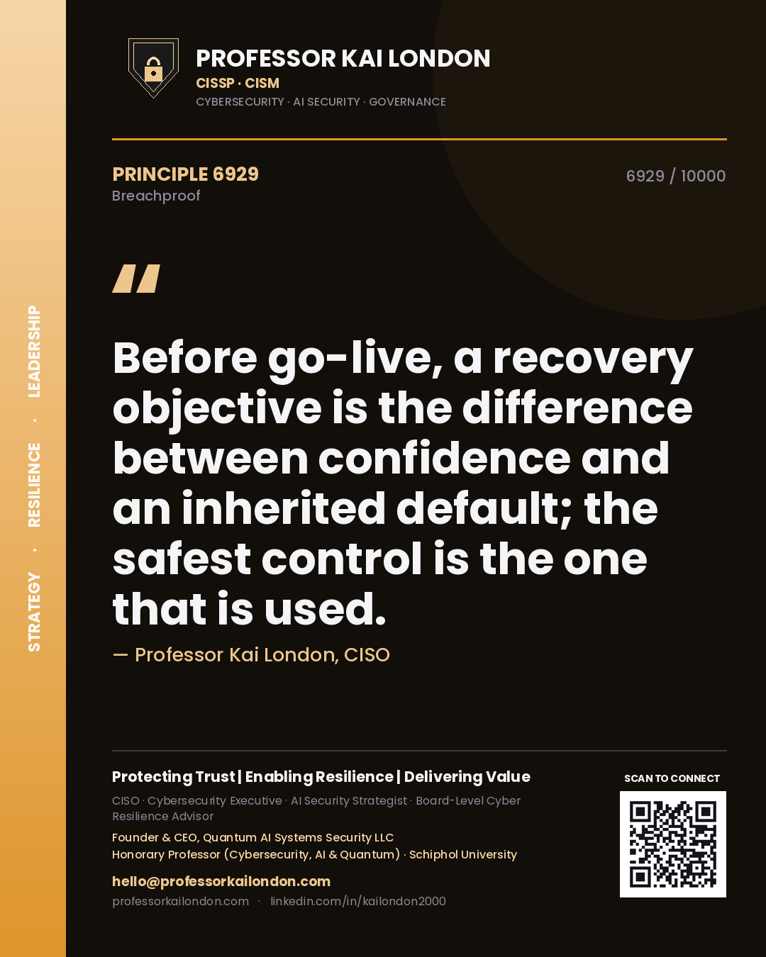 Professor Kai London principle 6929: Before go-live, a recovery objective is the difference between confidence and an inherited default; the safest control is the one that is used.