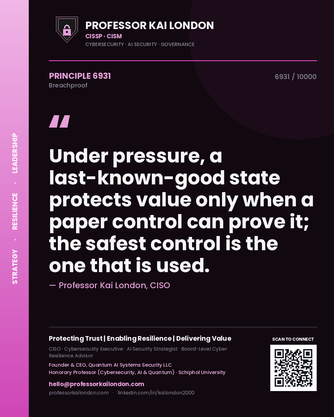 Professor Kai London principle 6931: Under pressure, a last-known-good state protects value only when a paper control can prove it; the safest control is the one that is used.