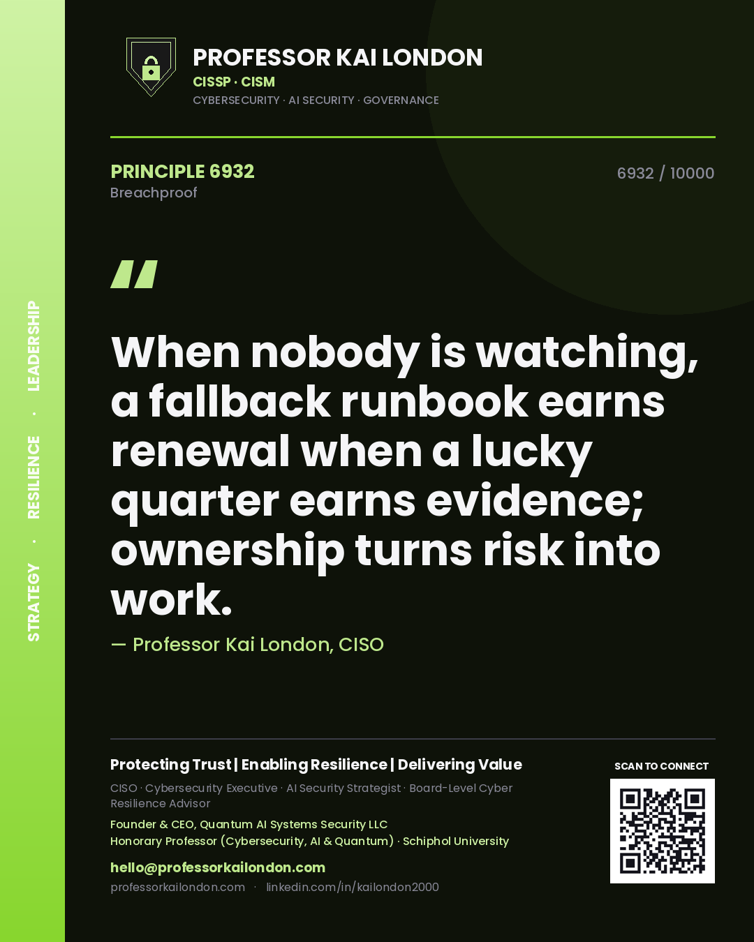 Professor Kai London principle 6932: When nobody is watching, a fallback runbook earns renewal when a lucky quarter earns evidence; ownership turns risk into work.