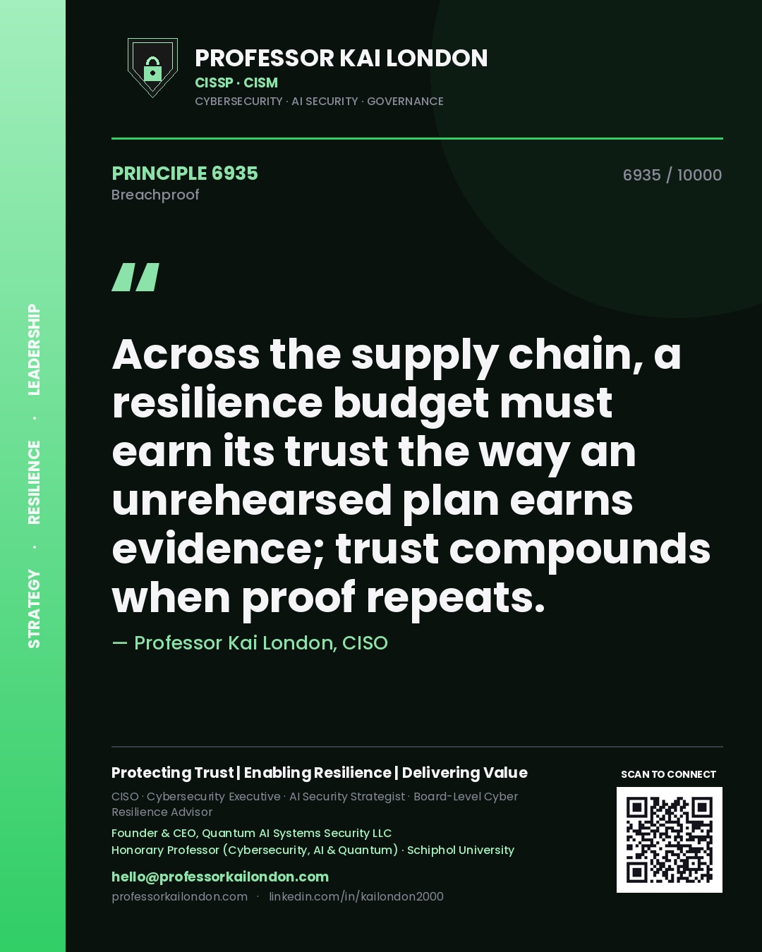Professor Kai London principle 6935: Across the supply chain, a resilience budget must earn its trust the way an unrehearsed plan earns evidence; trust compounds when proof repeats.